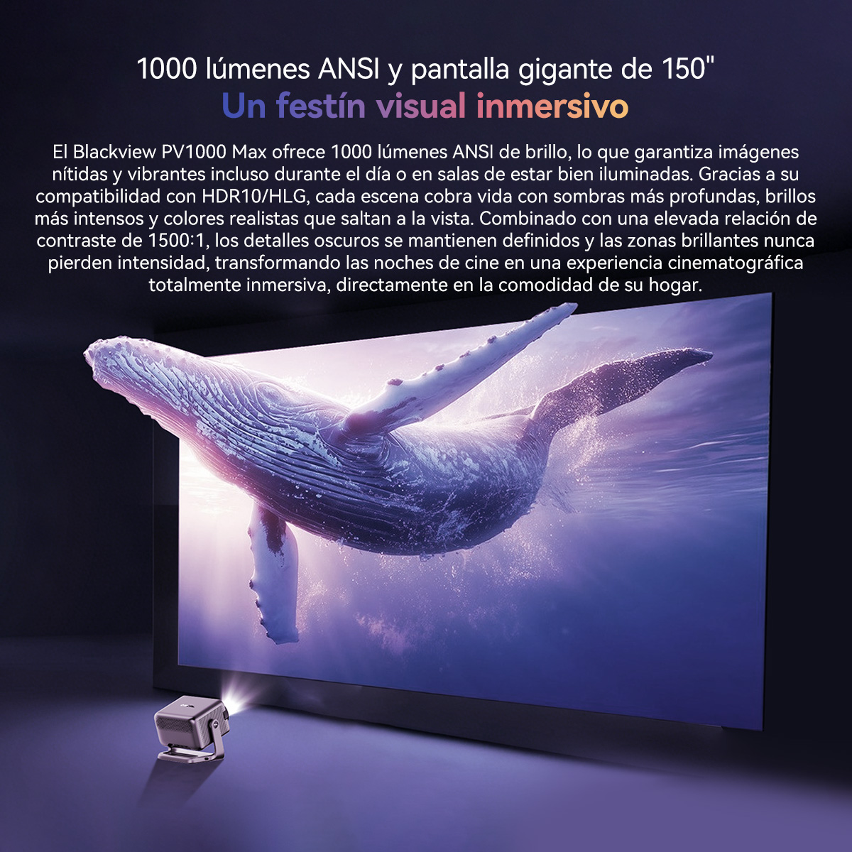 Un pequeño proyector proyecta una ballena en una pantalla grande.