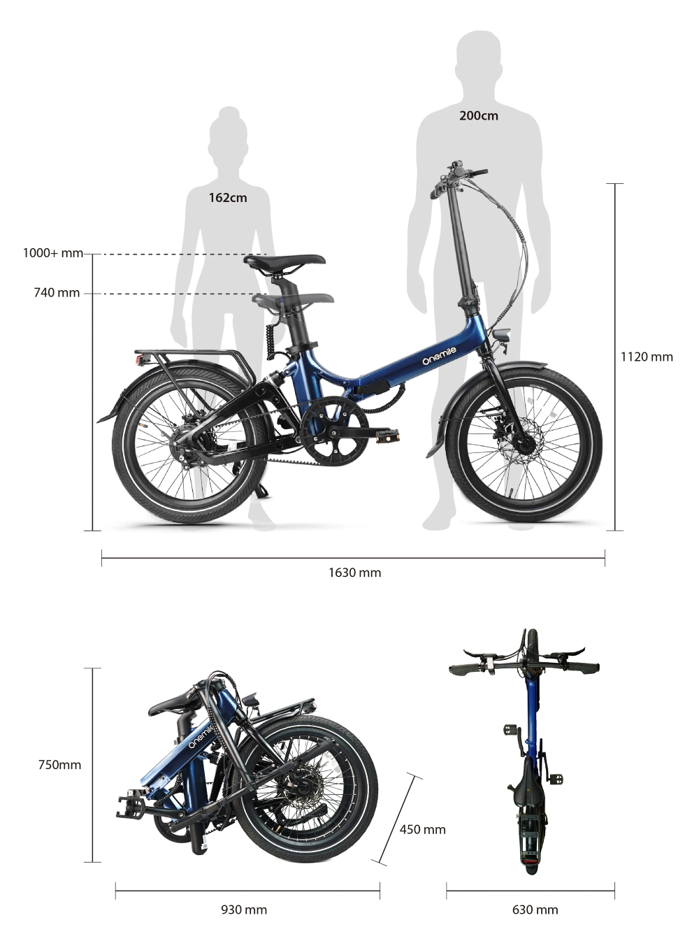 Bicicleta eléctrica plegable azul mostrada con dimensiones y siluetas.