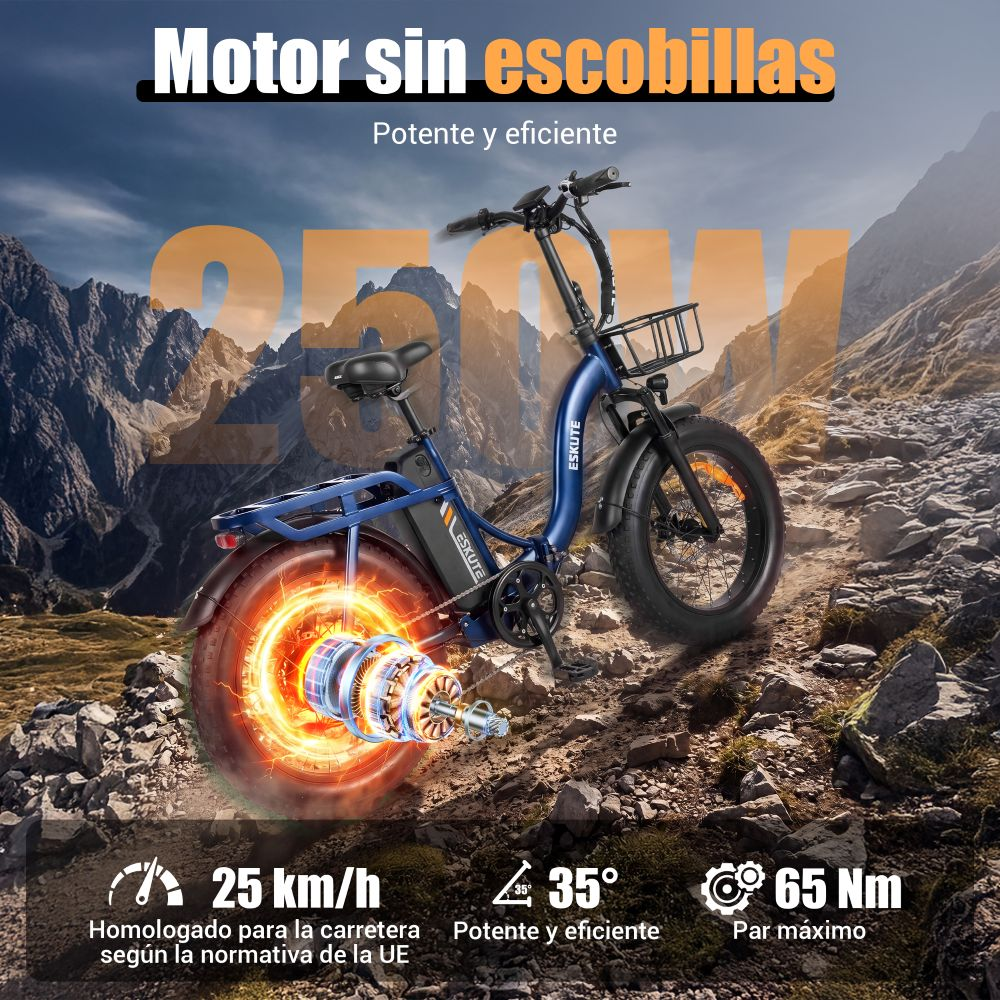 Bicicleta eléctrica azul al aire libre con texto "250W".