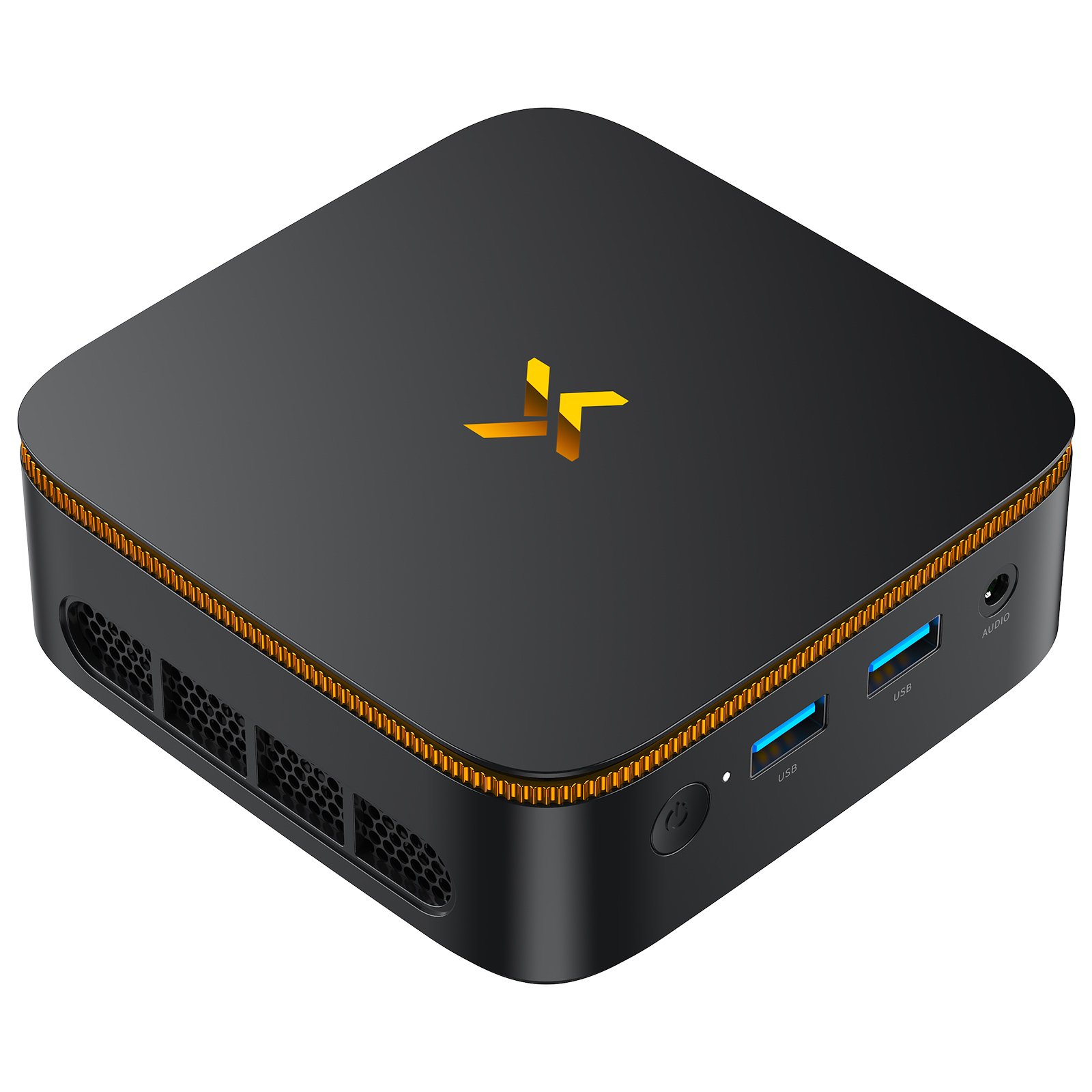 Un mini PC negro compacto con logo amarillo, rejillas de ventilación y puertos USB.