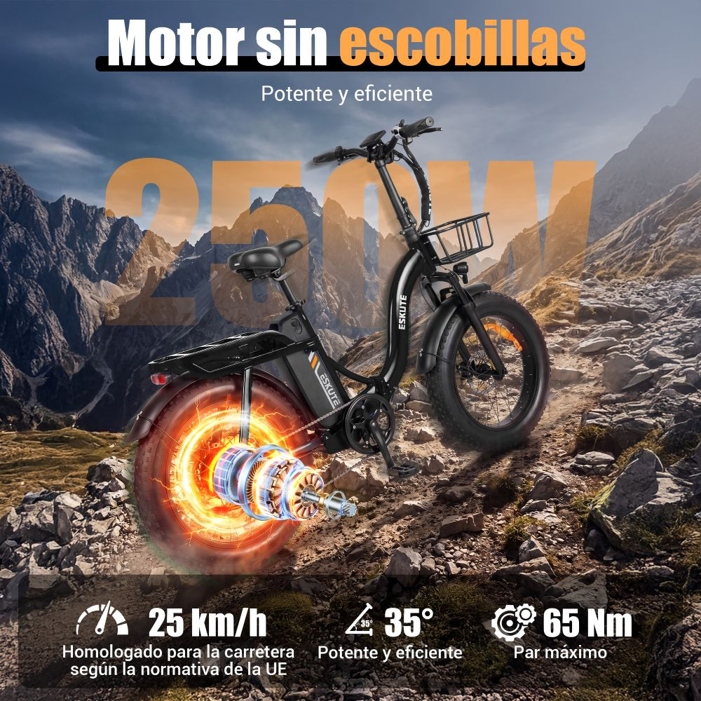 Bicicleta eléctrica negra en terreno con motor, 25 km/h, 35° inclinación, 65 Nm.