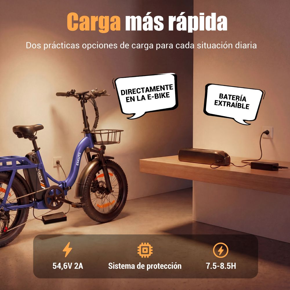Bicicleta eléctrica azul con batería extraíble y cargador. Opciones de carga.