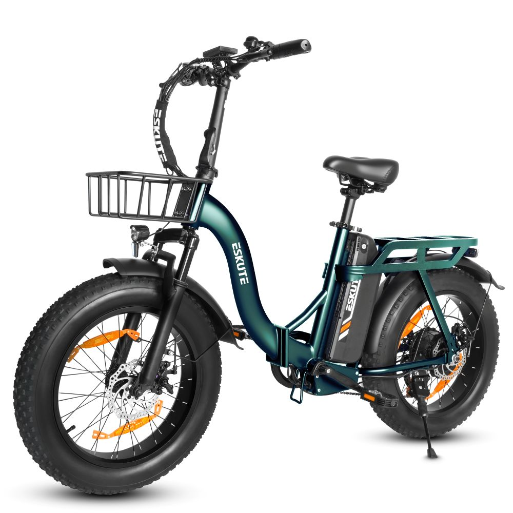 Una bicicleta eléctrica verde oscuro con neumáticos anchos, cesta delantera y portaequipajes trasero.