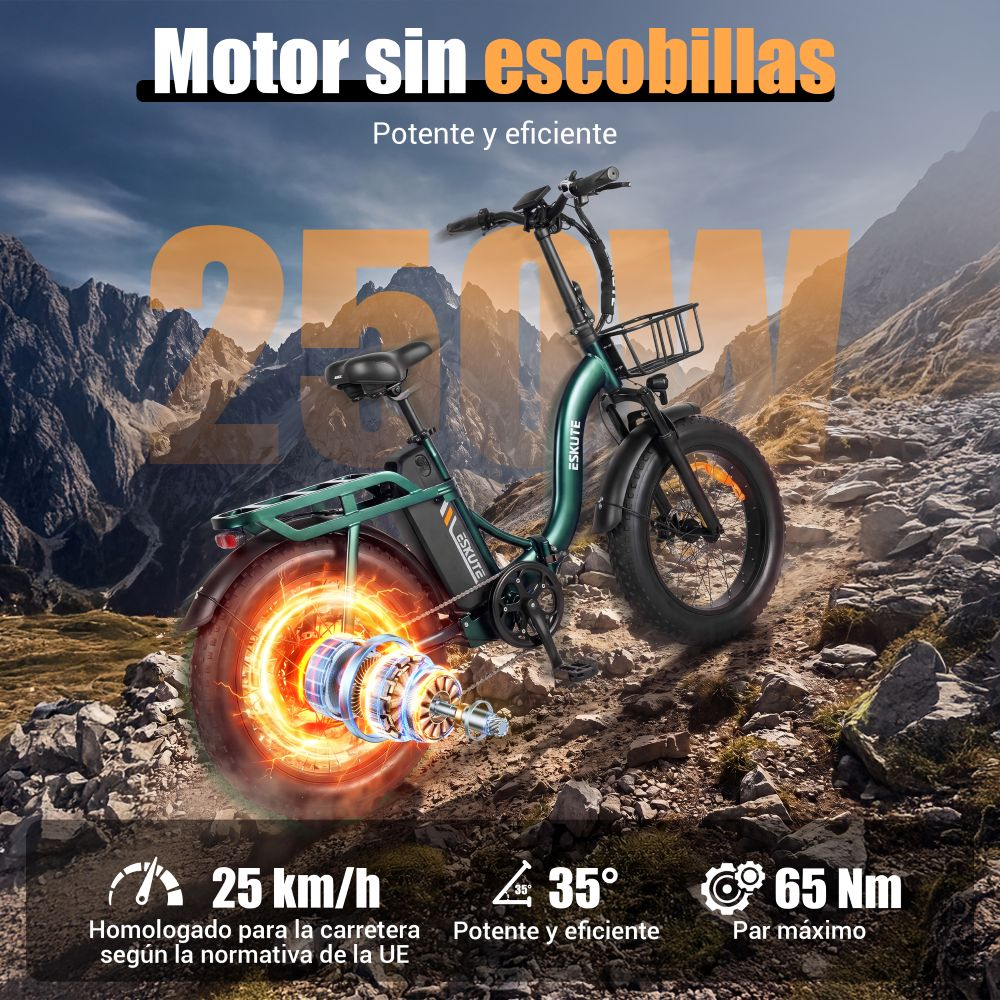 E-bike verde con cesta, motor visible. 25 km/h, pendiente 35°, 65 Nm.