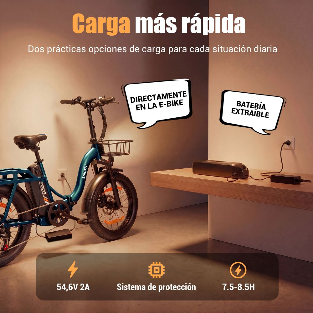 Una e-bike azul con batería extraíble y cargador.