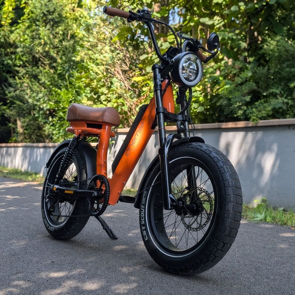 Bicicleta eléctrica naranja con asiento marrón en carretera pavimentada, árboles detrás.
