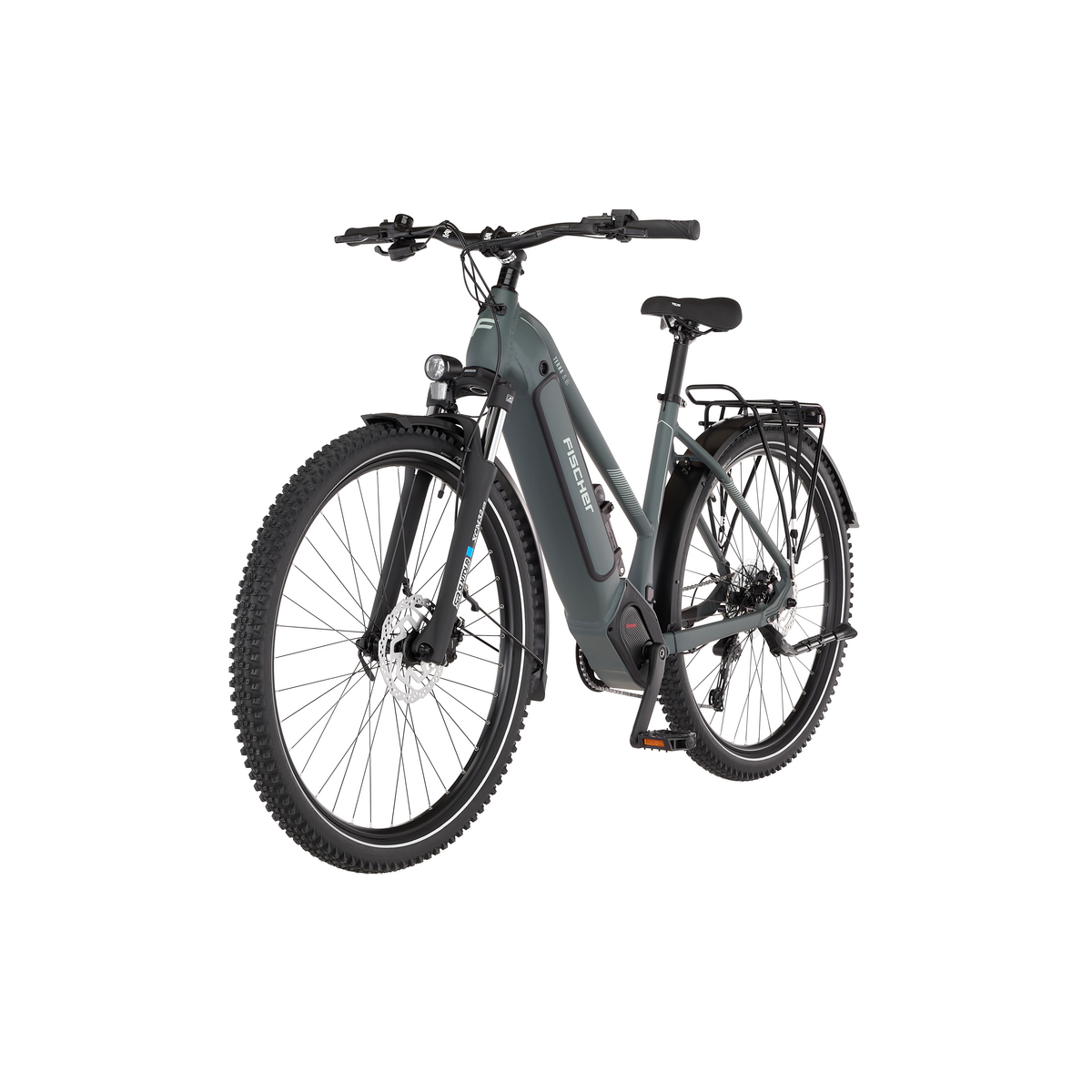 Graues Fischer E-Bike mit Federgabel, Gepäckträger und breiten Reifen.