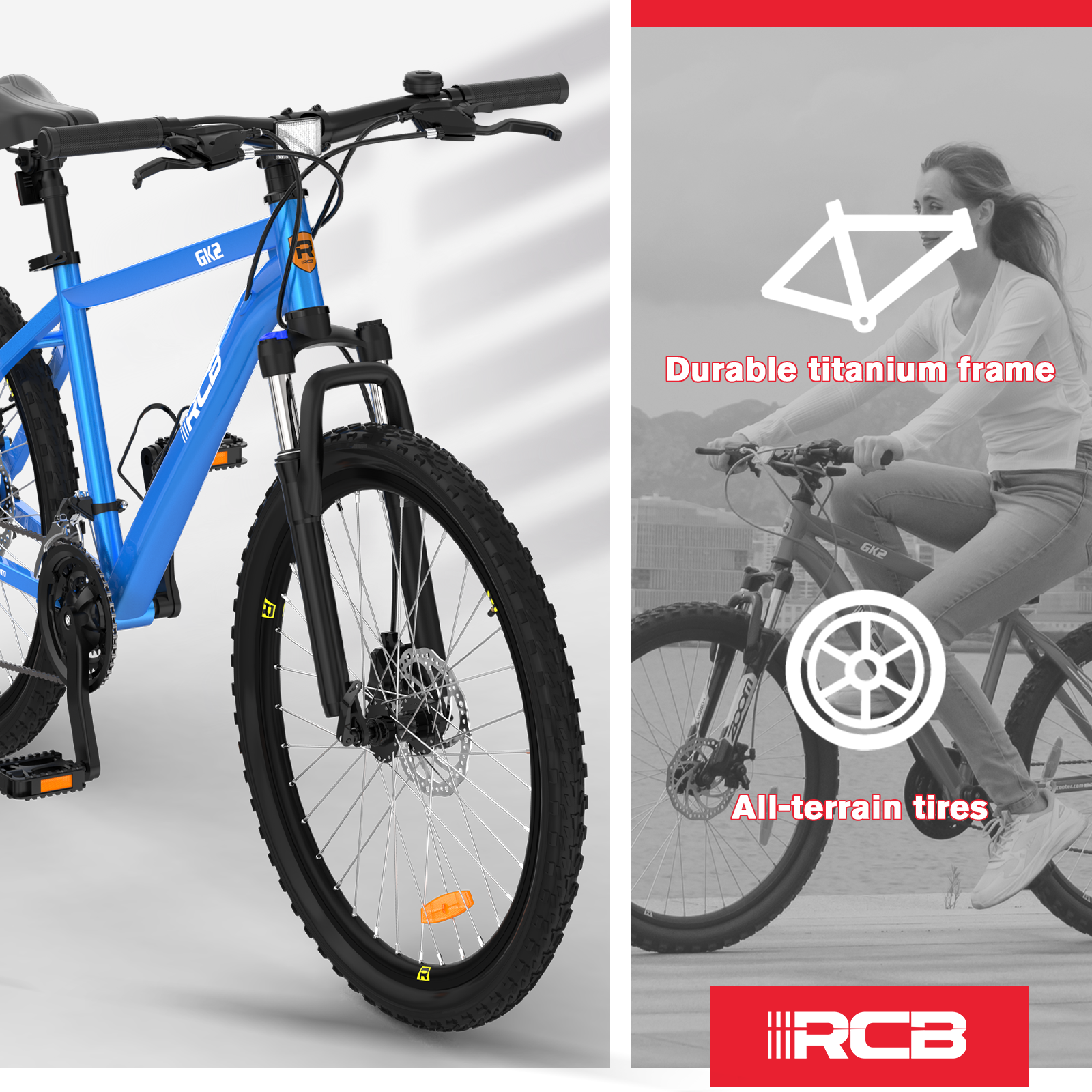 Mountain bike blu con freni a disco e pedali arancioni. A destra donna in bici.
