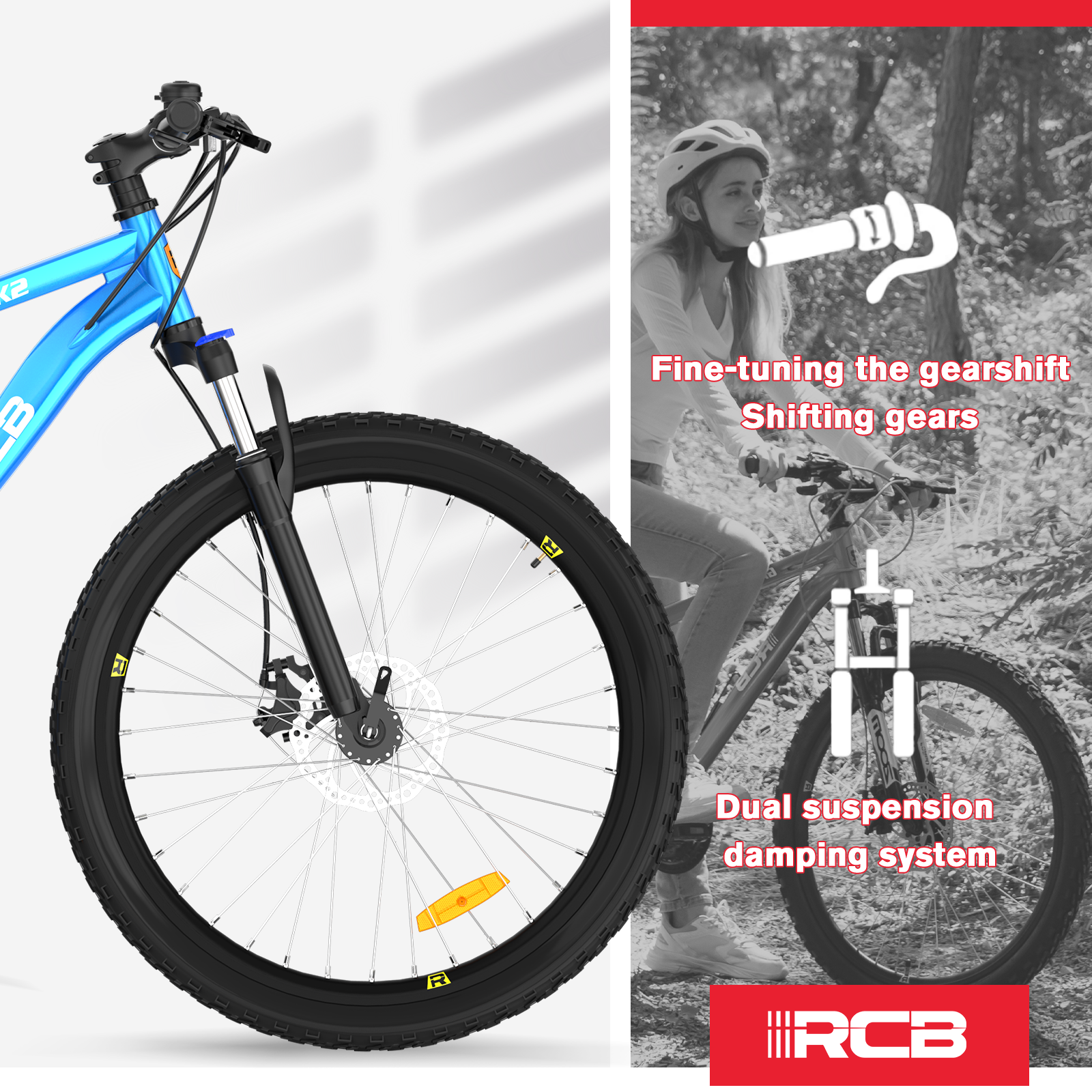 Bicicletta blu con freno a disco e sospensioni. Donna con casco in sella.