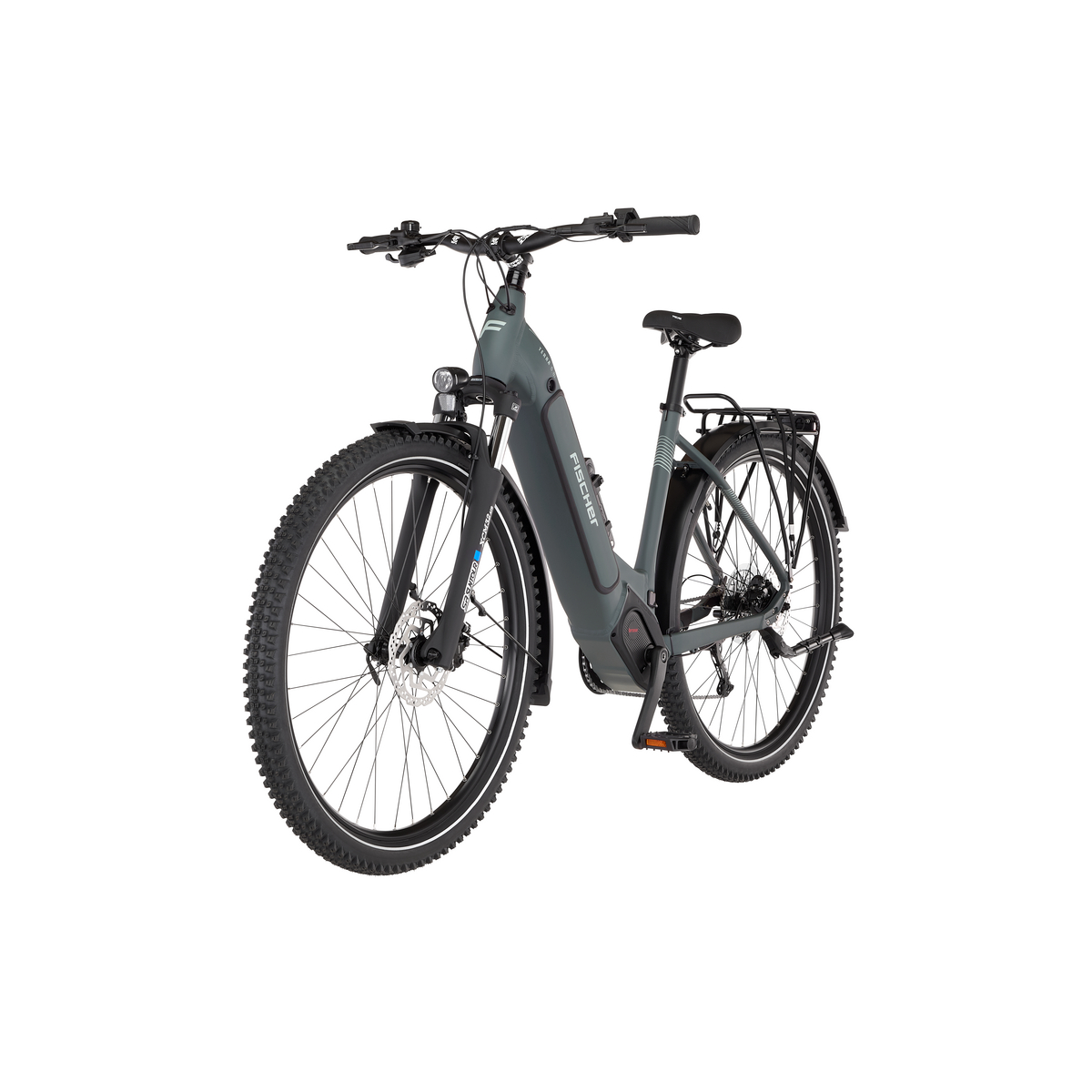 Graues E-Bike mit Gepäckträger, Federung und breiten Reifen.