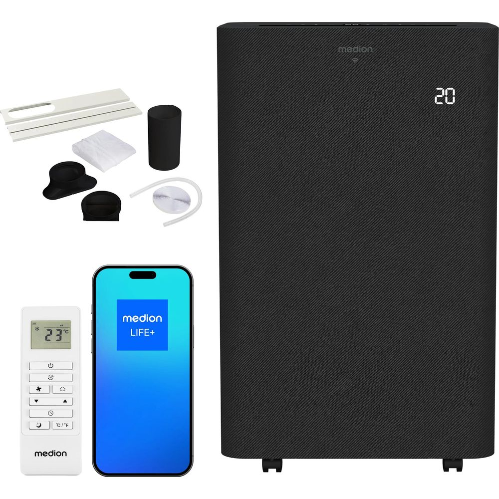 Un purificatore d'aria Medion con telecomando e smartphone.