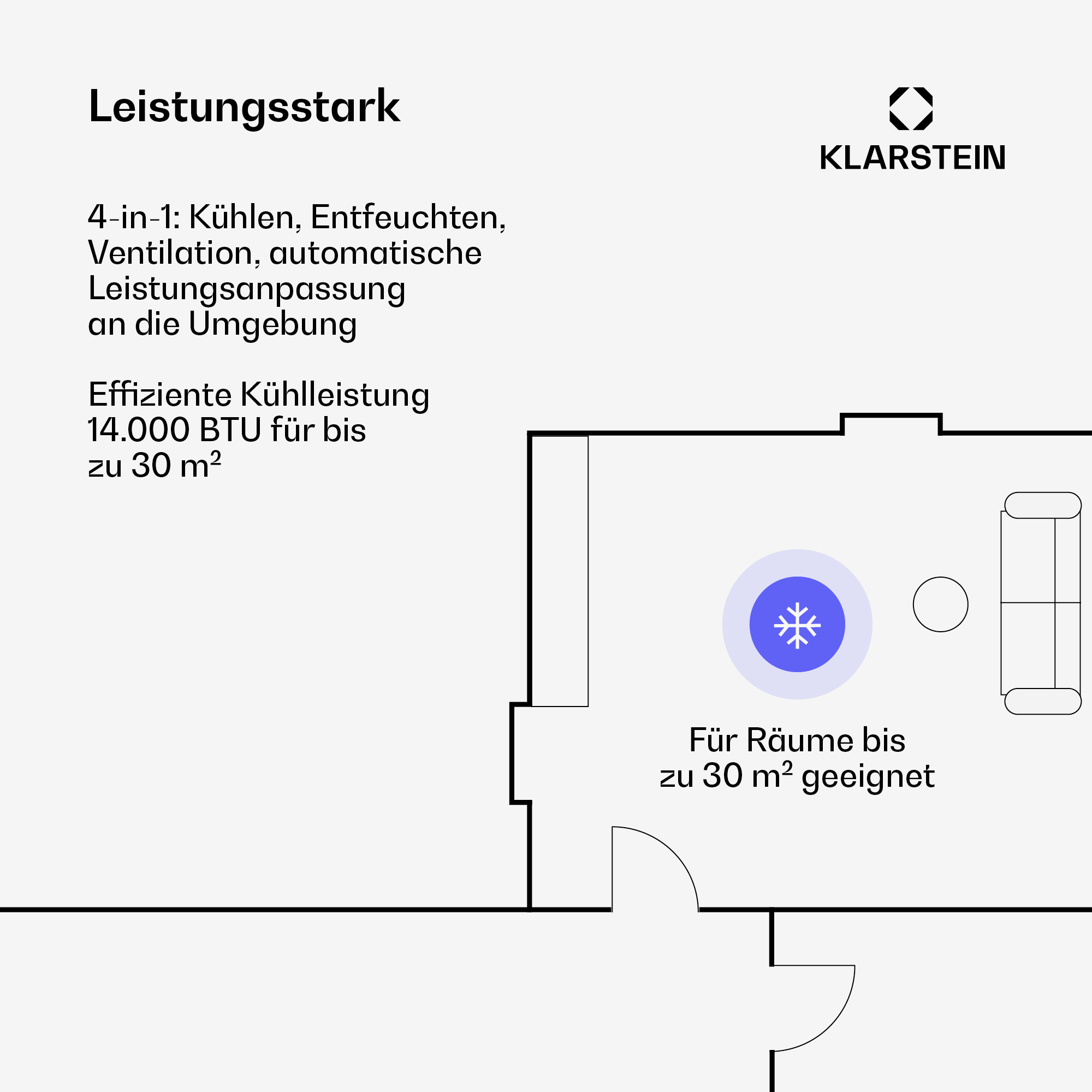 Potente condizionatore d'aria per fino a 30 m², con funzioni di raffreddamento, deumidificazione e ventilazione.