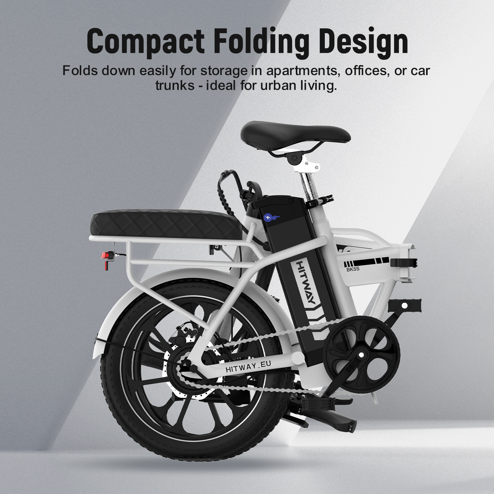 Witte vouwfiets met zwarte zadel en banden. Tekst: Compact opvouwbaar ontwerp.