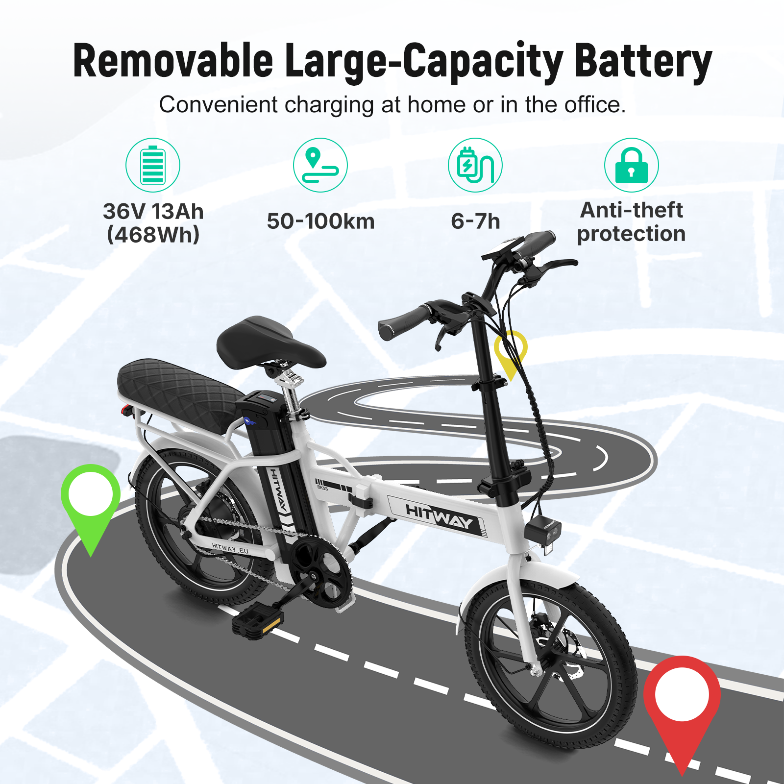 Een witte vouwbare e-bike met verwijderbare batterij staat op een weg.