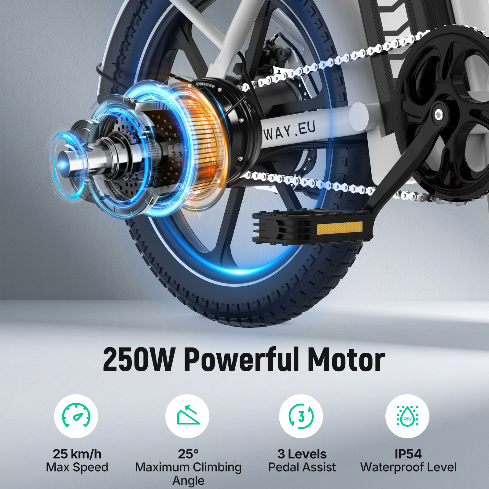 Close-up van de motor van een e-bike met ketting, pedalen en spaken.