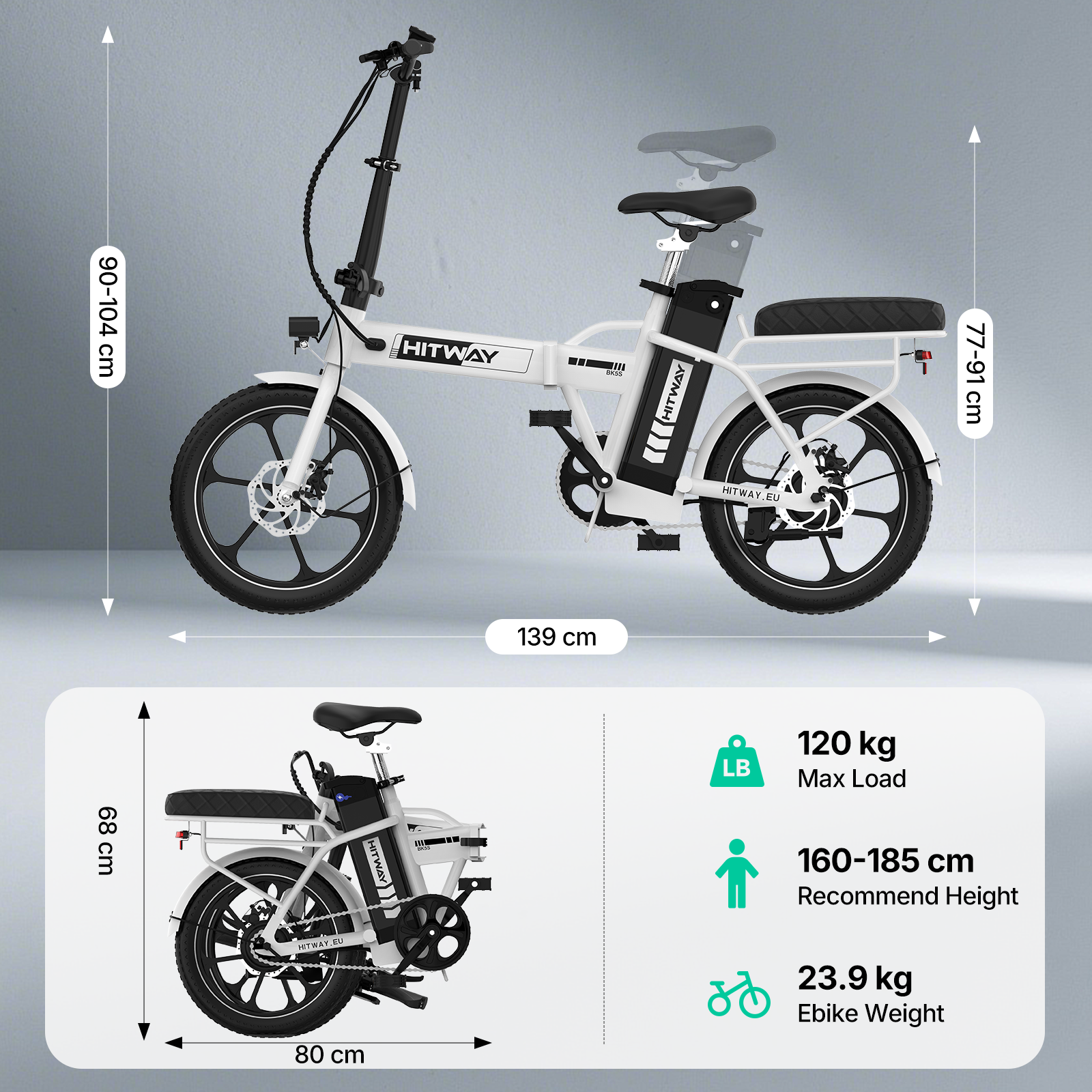 Witte vouwbare e-bike met afmetingen en specificaties.