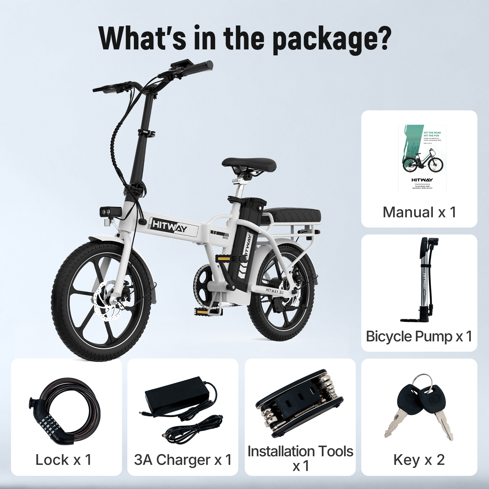 Een witte vouwbare elektrische fiets met handleiding, pomp, oplader, gereedschap, slot en sleutels.
