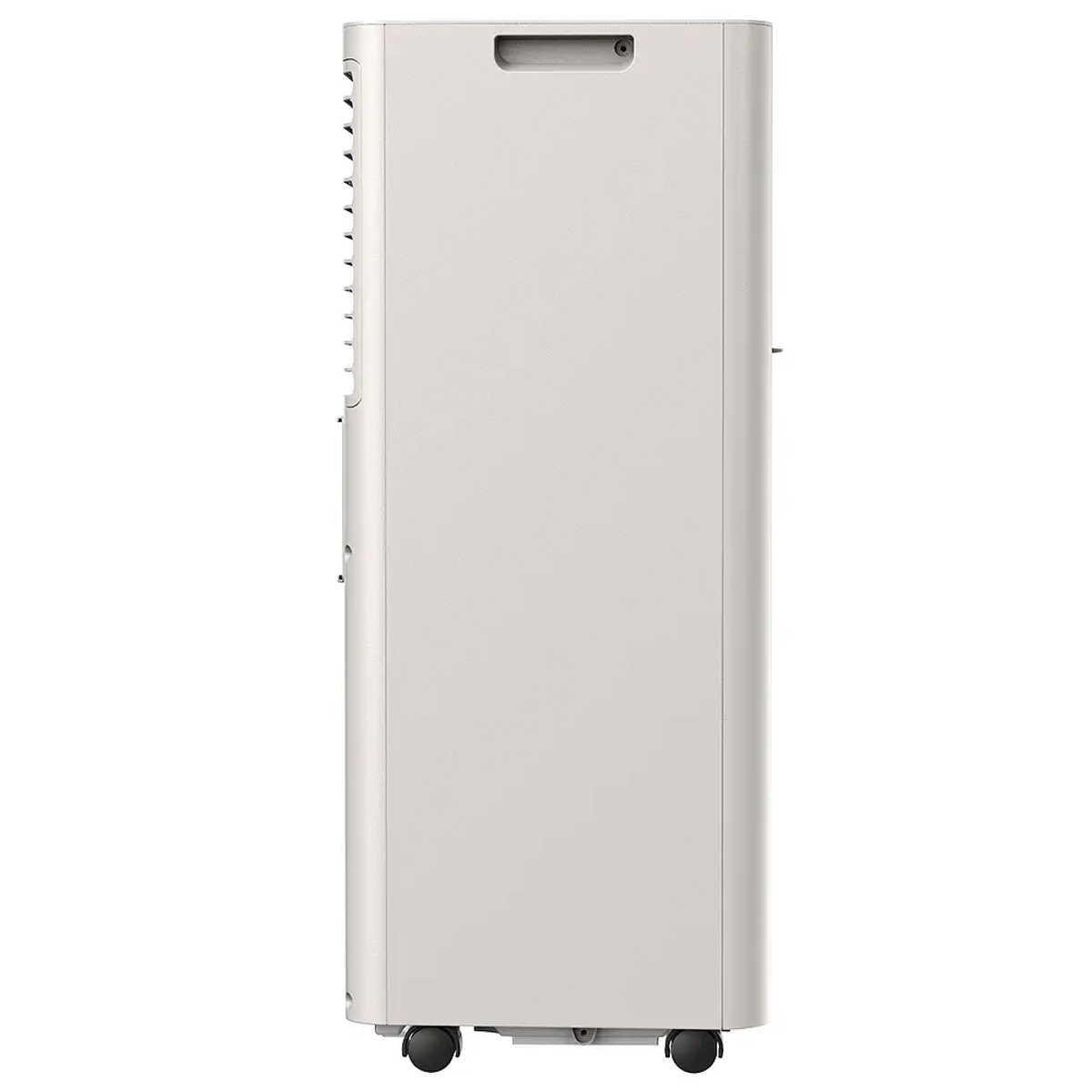 Una torre di condizionatore portatile bianca su ruote, vista laterale.