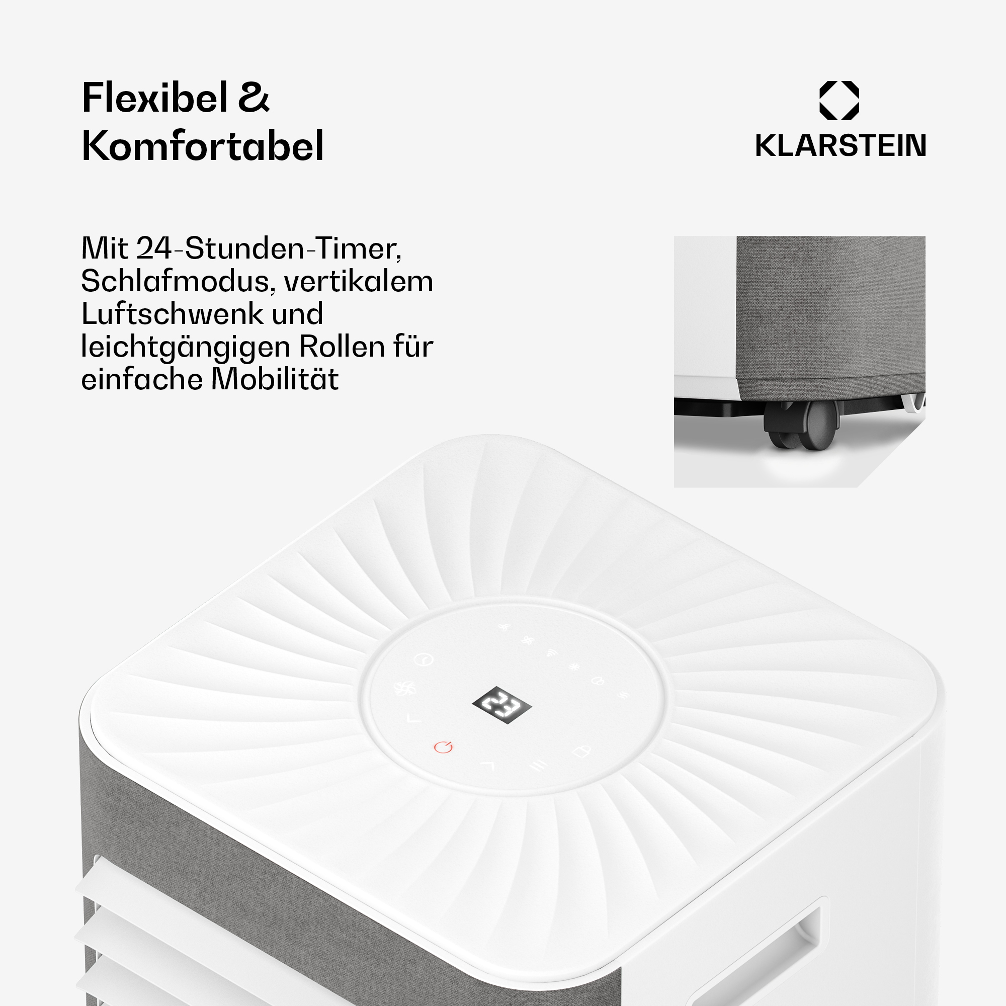 Dispositivo Klarstein con ventola, timer e ruote. Flessibile e confortevole.