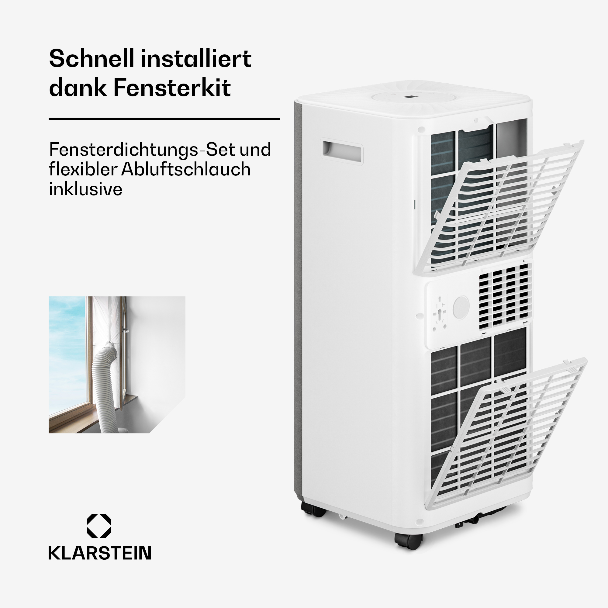 Un condizionatore portatile bianco con griglie di ventilazione aperte e tubo.