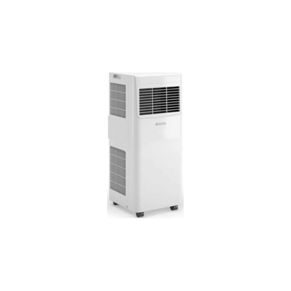 Un condizionatore d'aria verticale bianco portatile con prese d'aria e ruote.