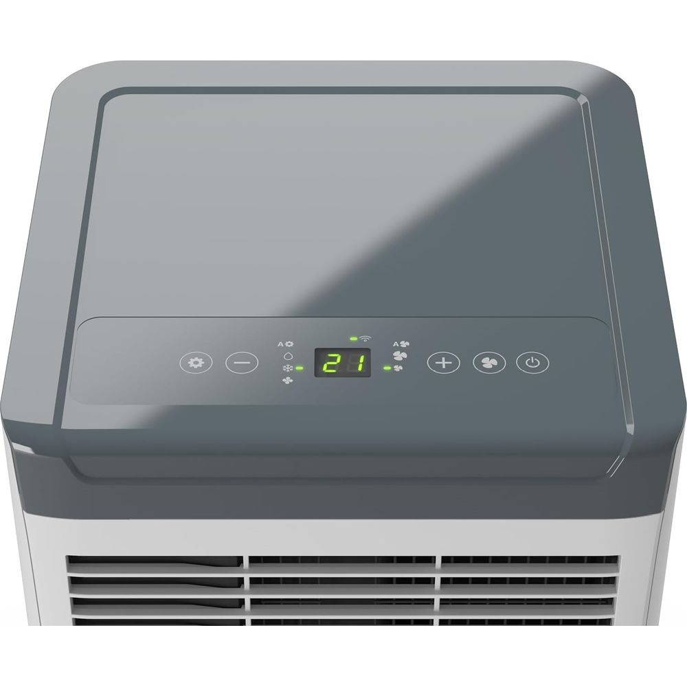 Un condizionatore portatile con display digitale che mostra 21 gradi.