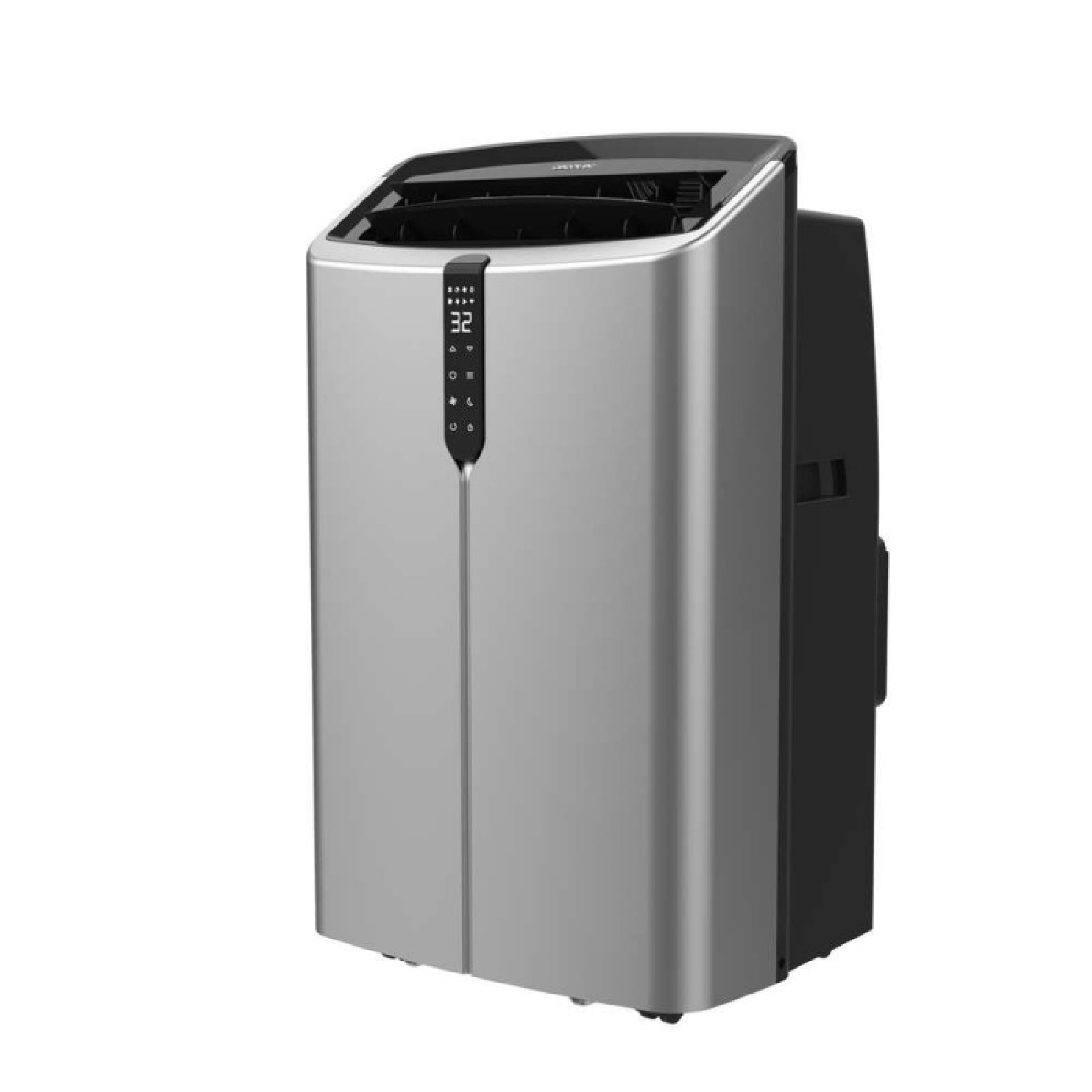 Raffreddatore di condizionatore d'aria portatile argentato con cassa nera e display digitale.