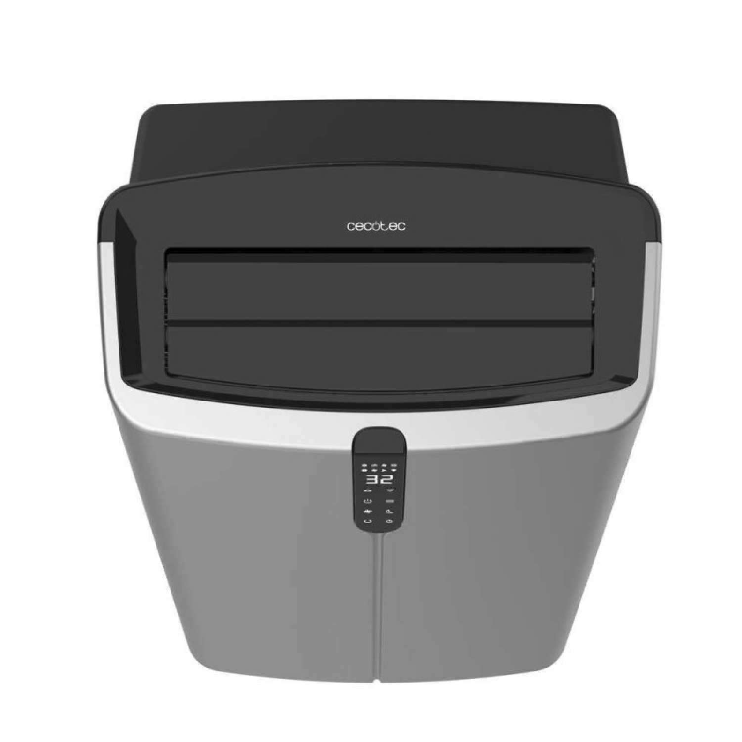 Un condizionatore d'aria grigio e nero con display digitale e bocchette di ventilazione.