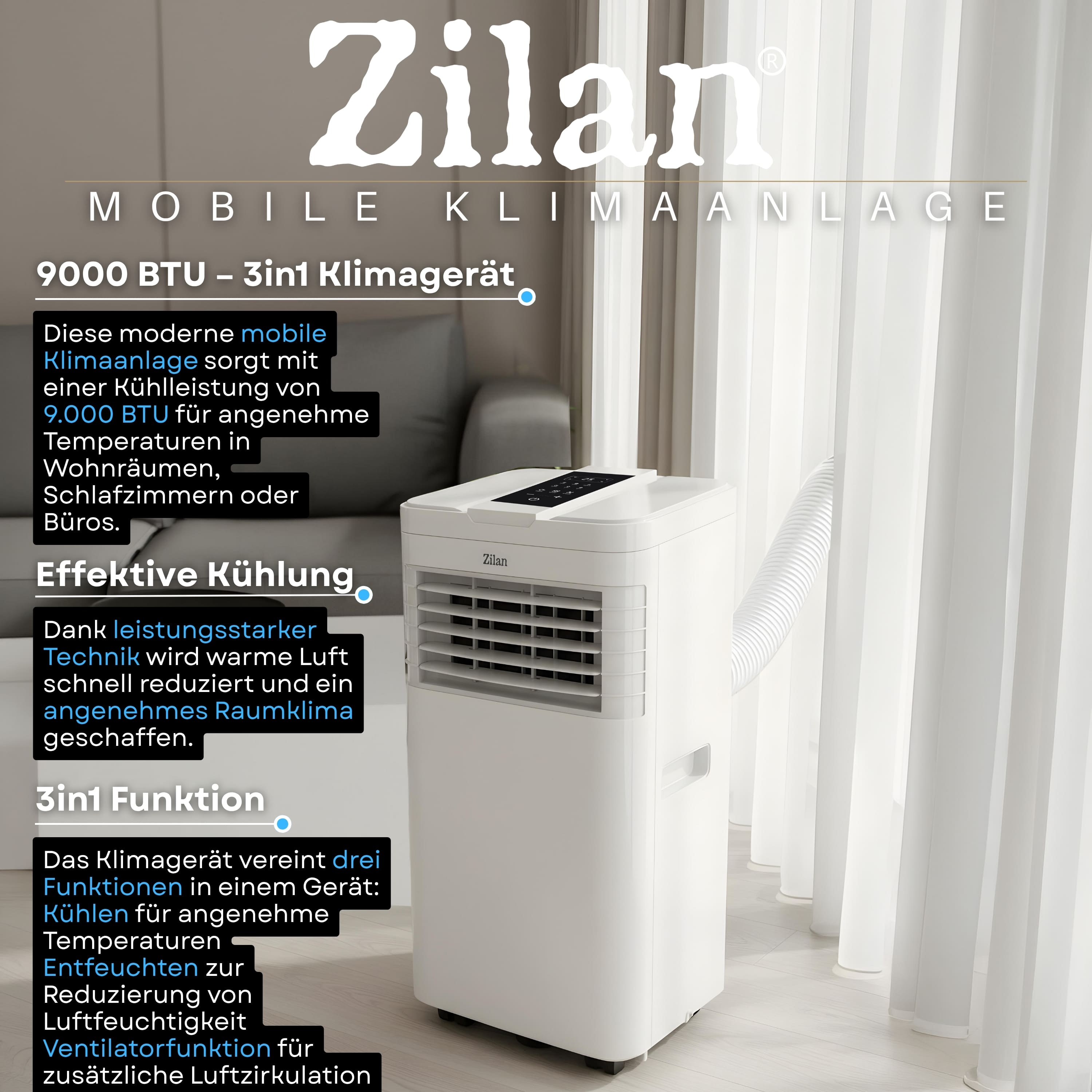 Ein weißes mobiles Klimagerät von Zilan mit Abluftschlauch und Bedienfeld.
