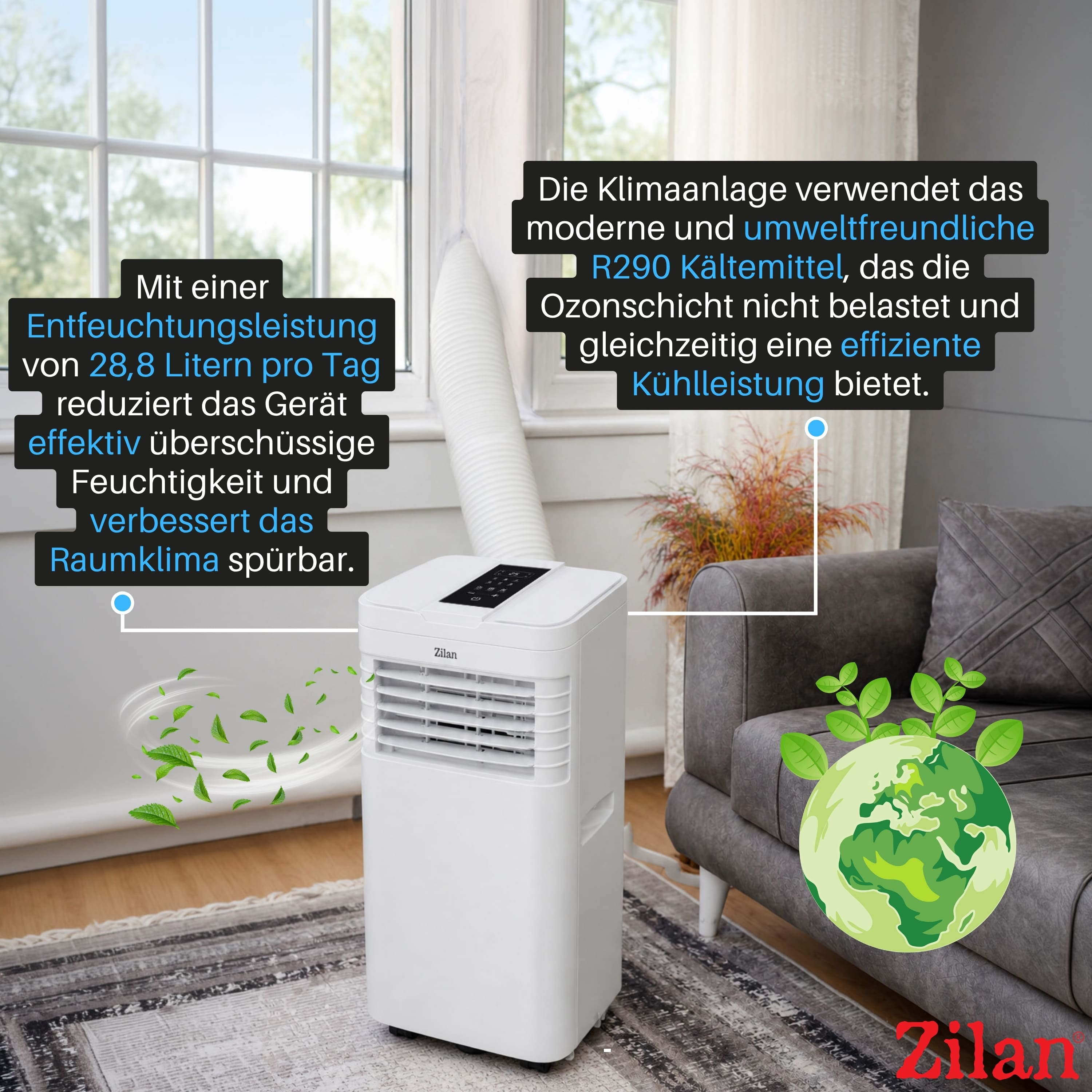 Ein weißer Zilan Luftentfeuchter im Wohnzimmer mit Text über Effizienz und Umweltfreundlichkeit.