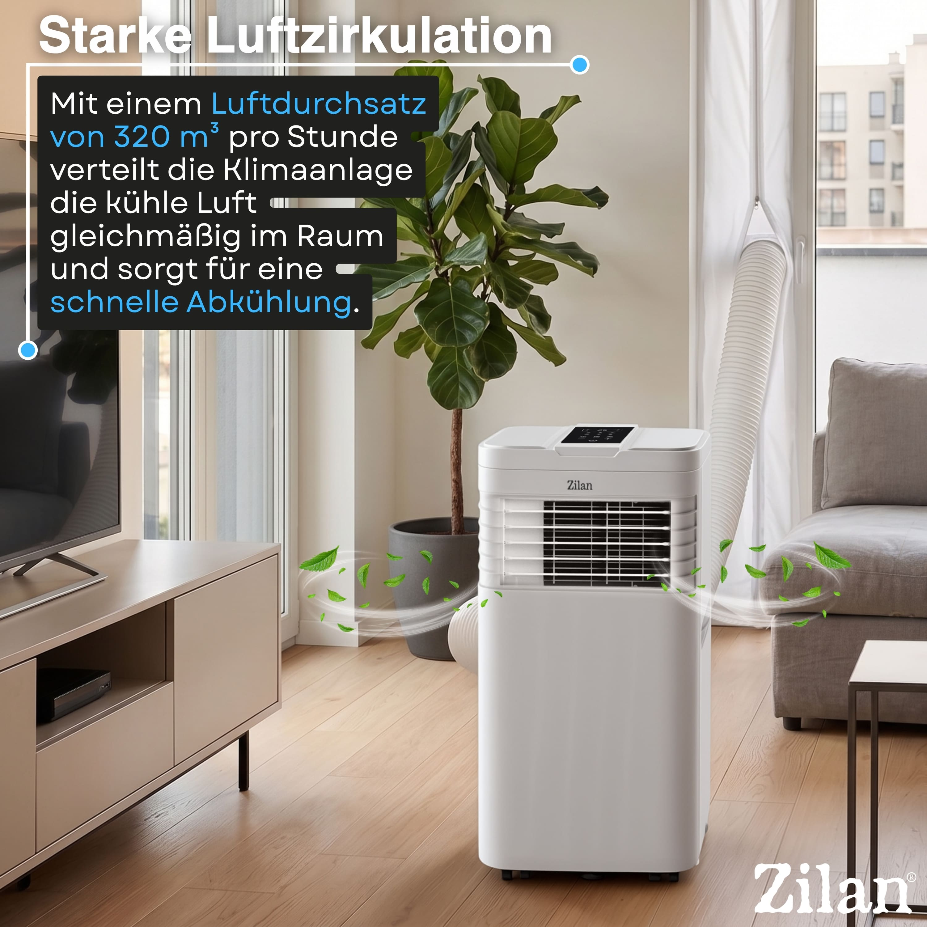 Ein weißes Klimagerät mit Lüftungsschlauch und grünen Blättern im Raum.