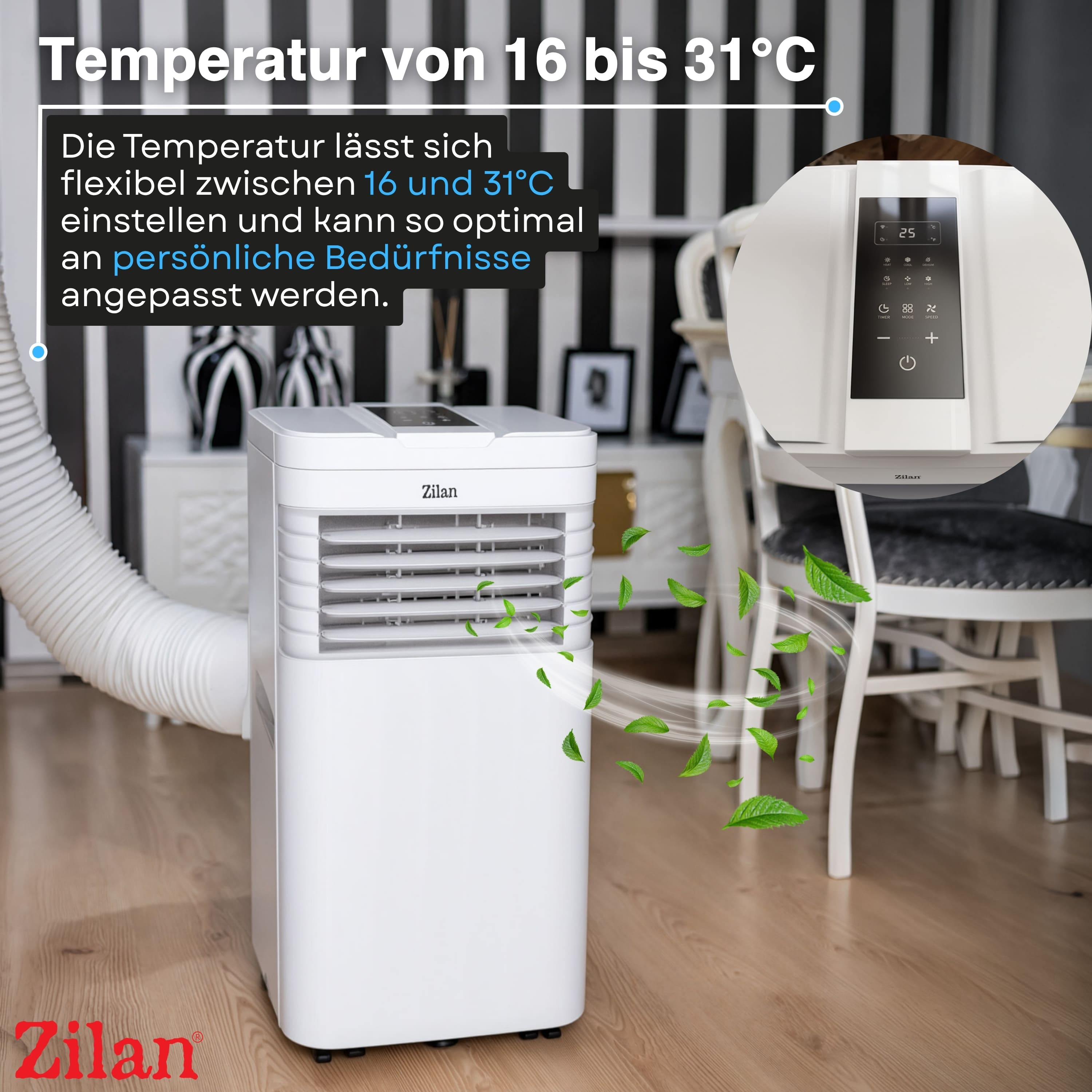Ein weißer Zilan Klimaanlage mit Abluftschlauch und grünen Blättern.
