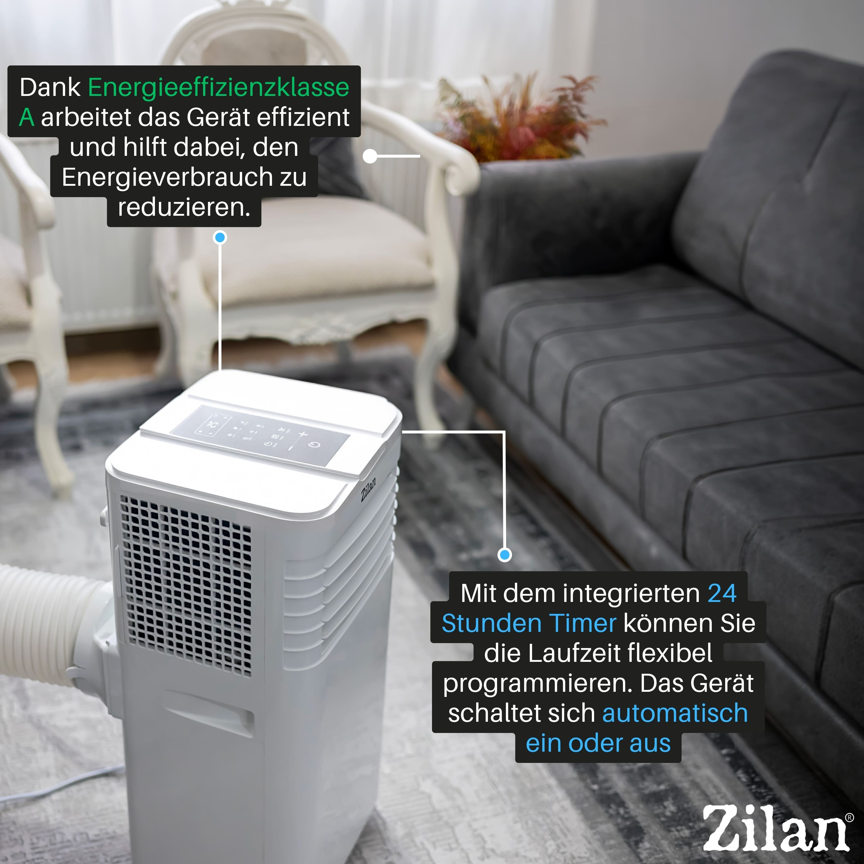 Ein weißer mobiler Klimaanlagen-Kühler steht in einem Wohnzimmer.