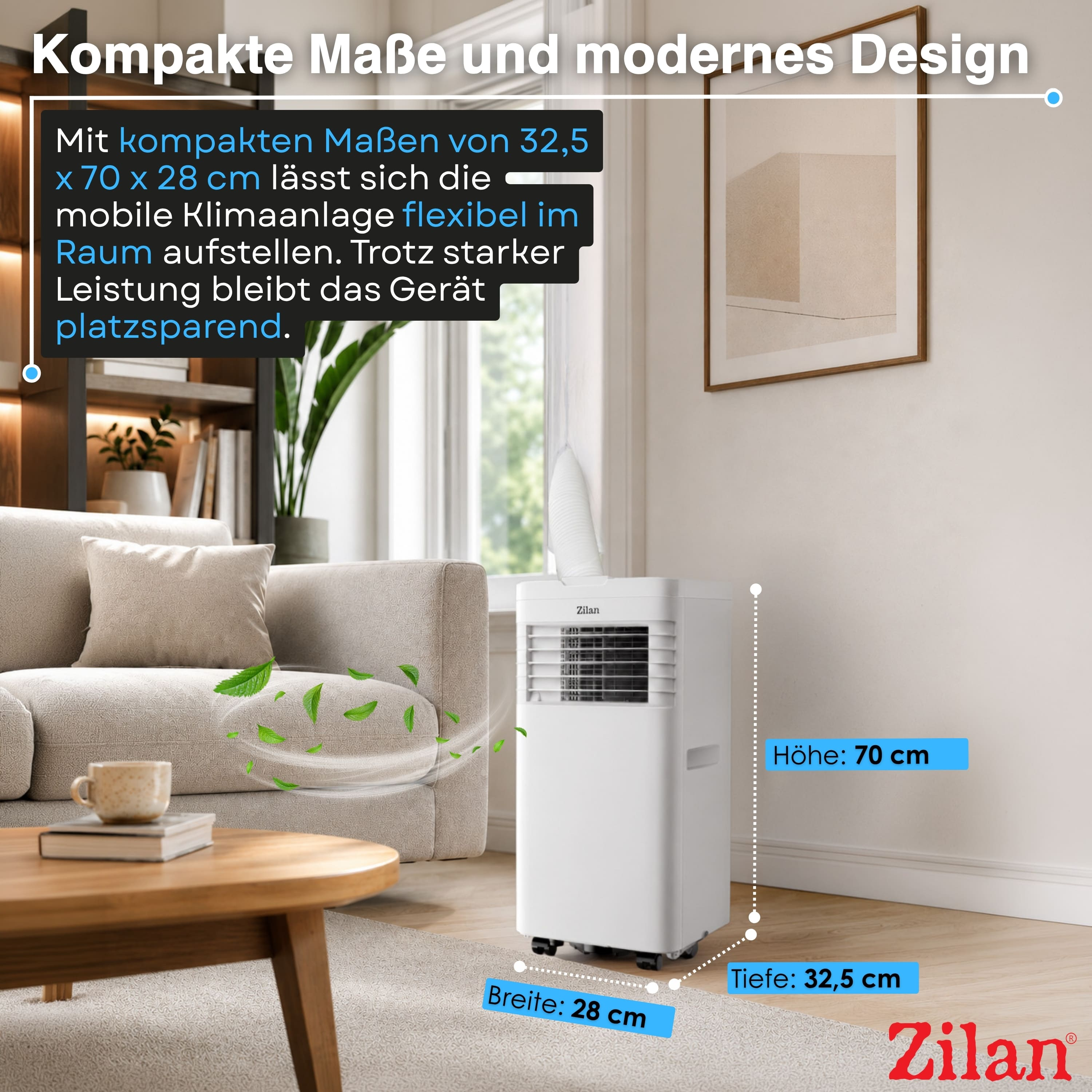 Ein weißer mobiler Klimaanlage steht neben einem Sofa in einem Wohnzimmer.