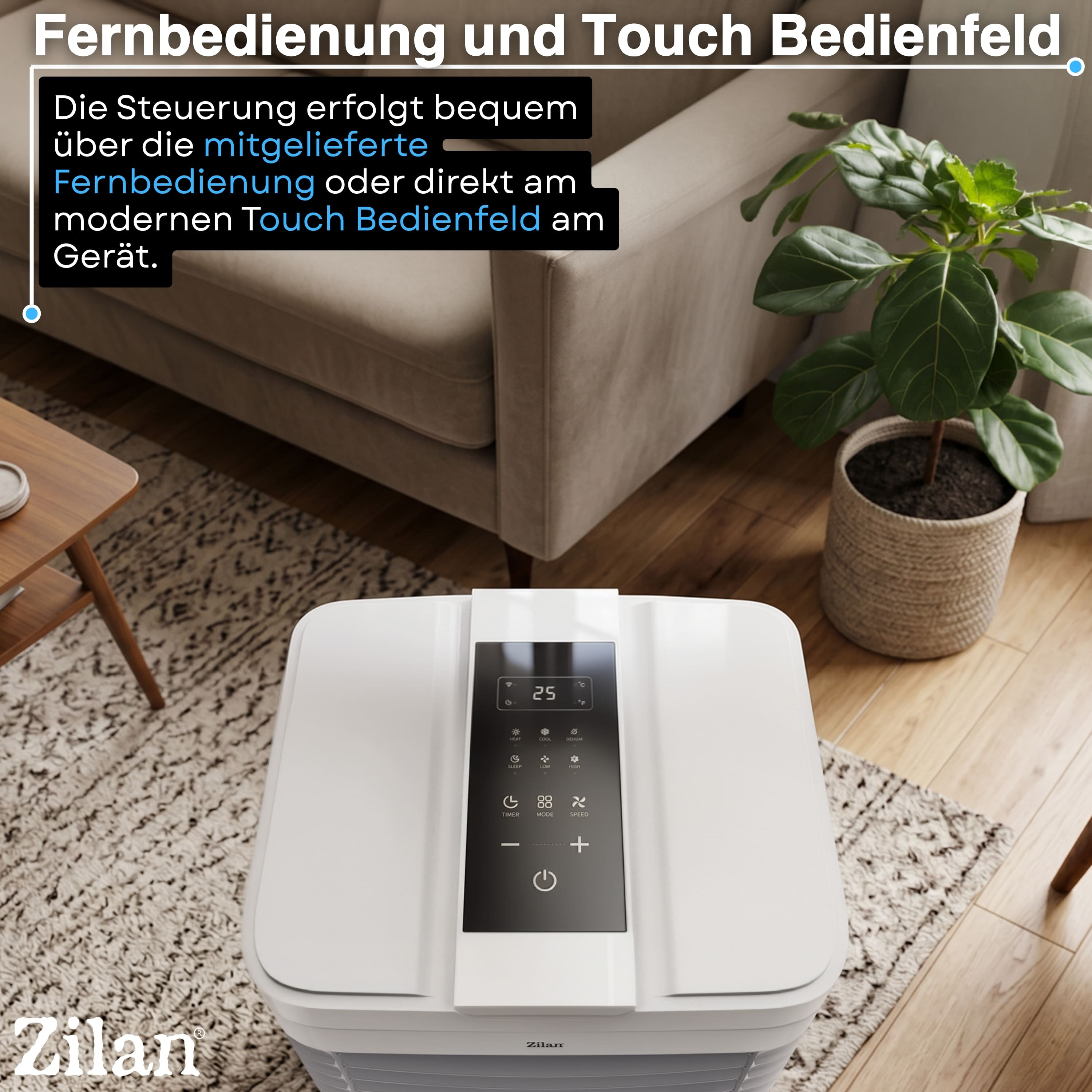Ein weißes Klimagerät mit Touchscreen-Bedienfeld und Fernbedienung.