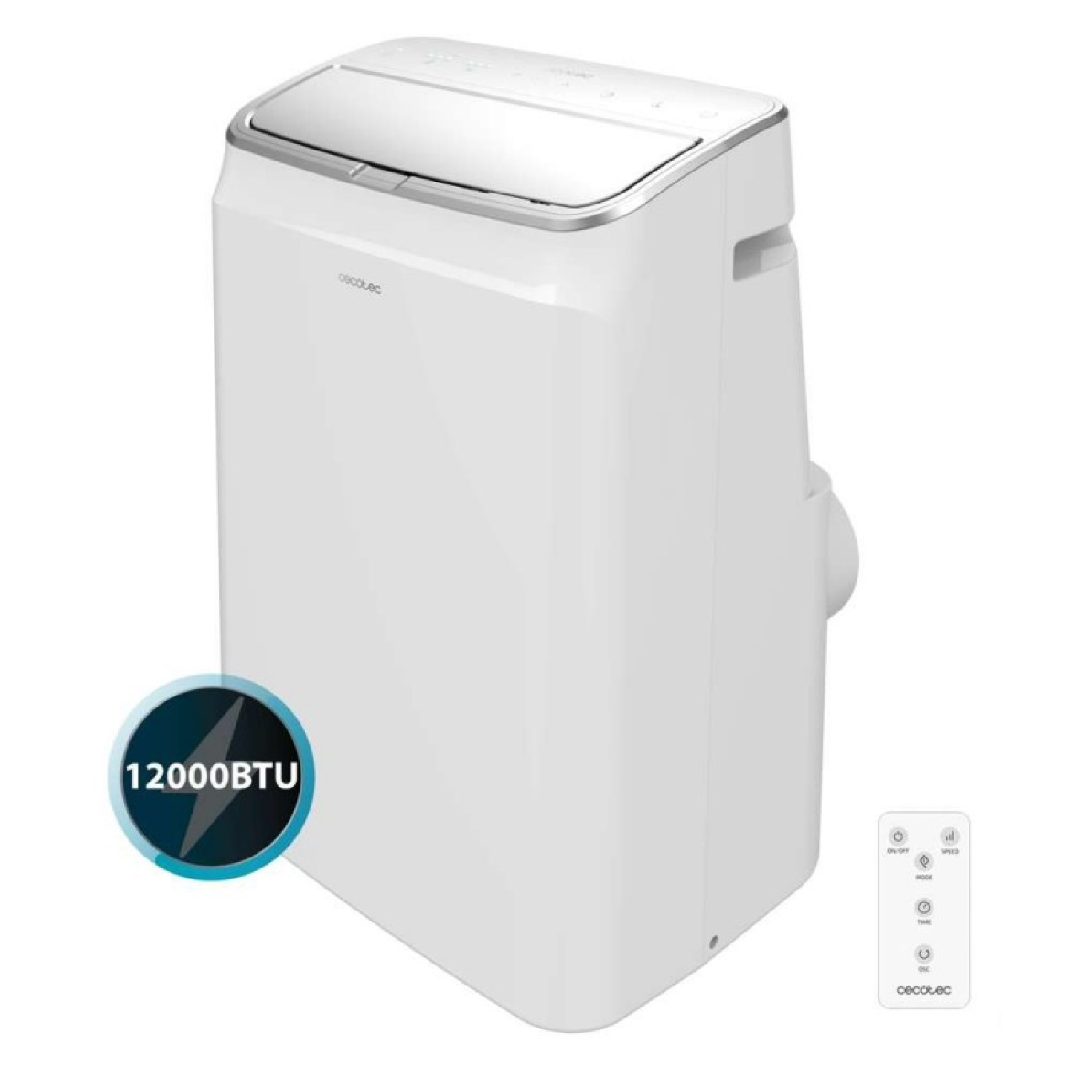 Una torre bianca di condizionatore portatile con telecomando e adesivo da 12000 BTU.