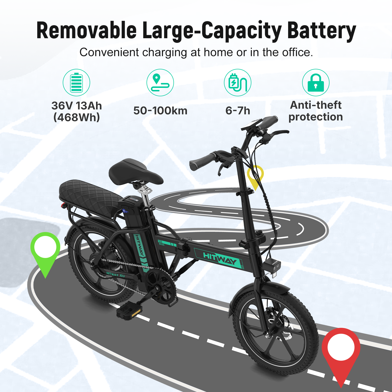 Zwarte opvouwbare elektrische fiets met groen HITWAY-logo. 36V batterij, 50-100km.