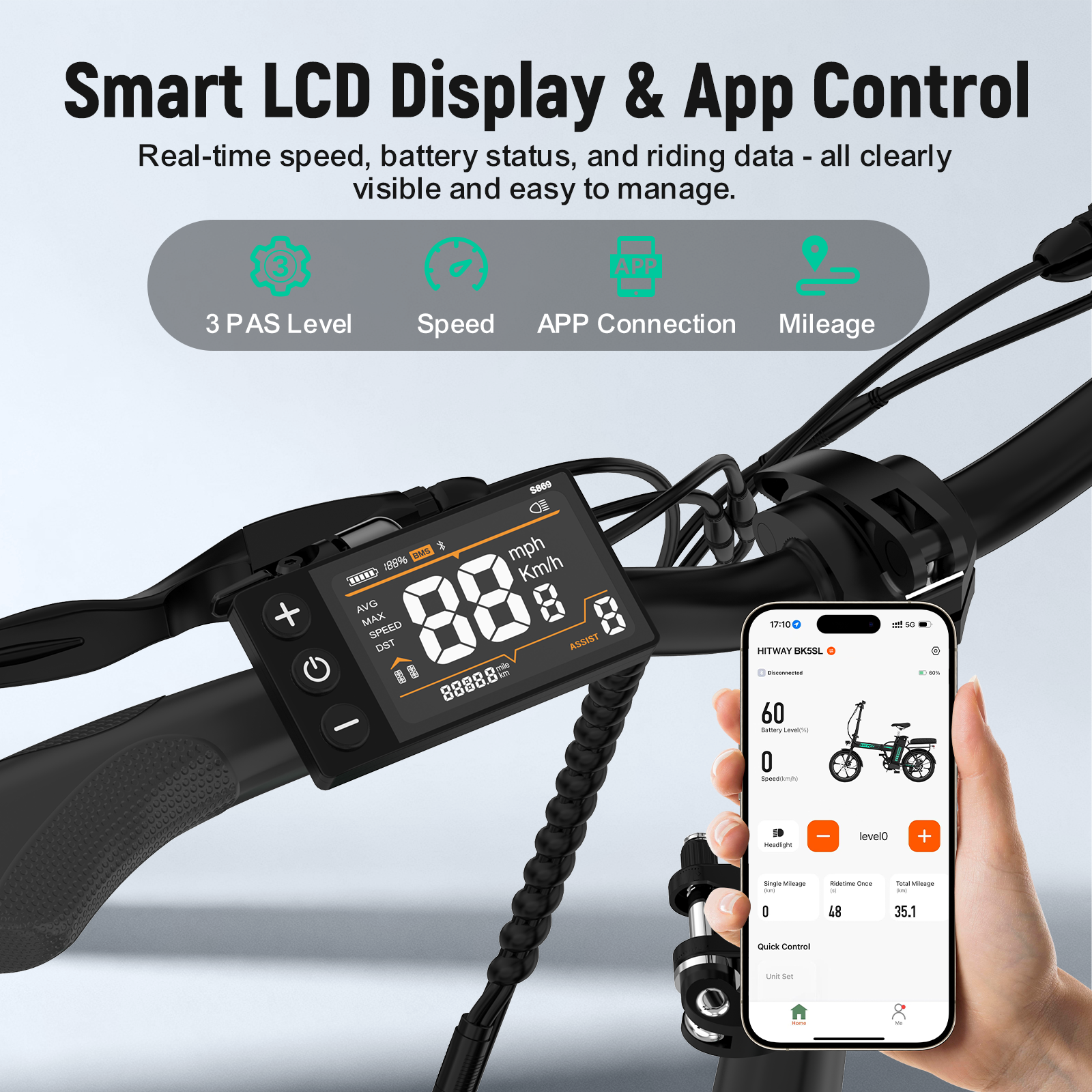 E-bike display toont snelheid, batterij en app-weergave op telefoon.