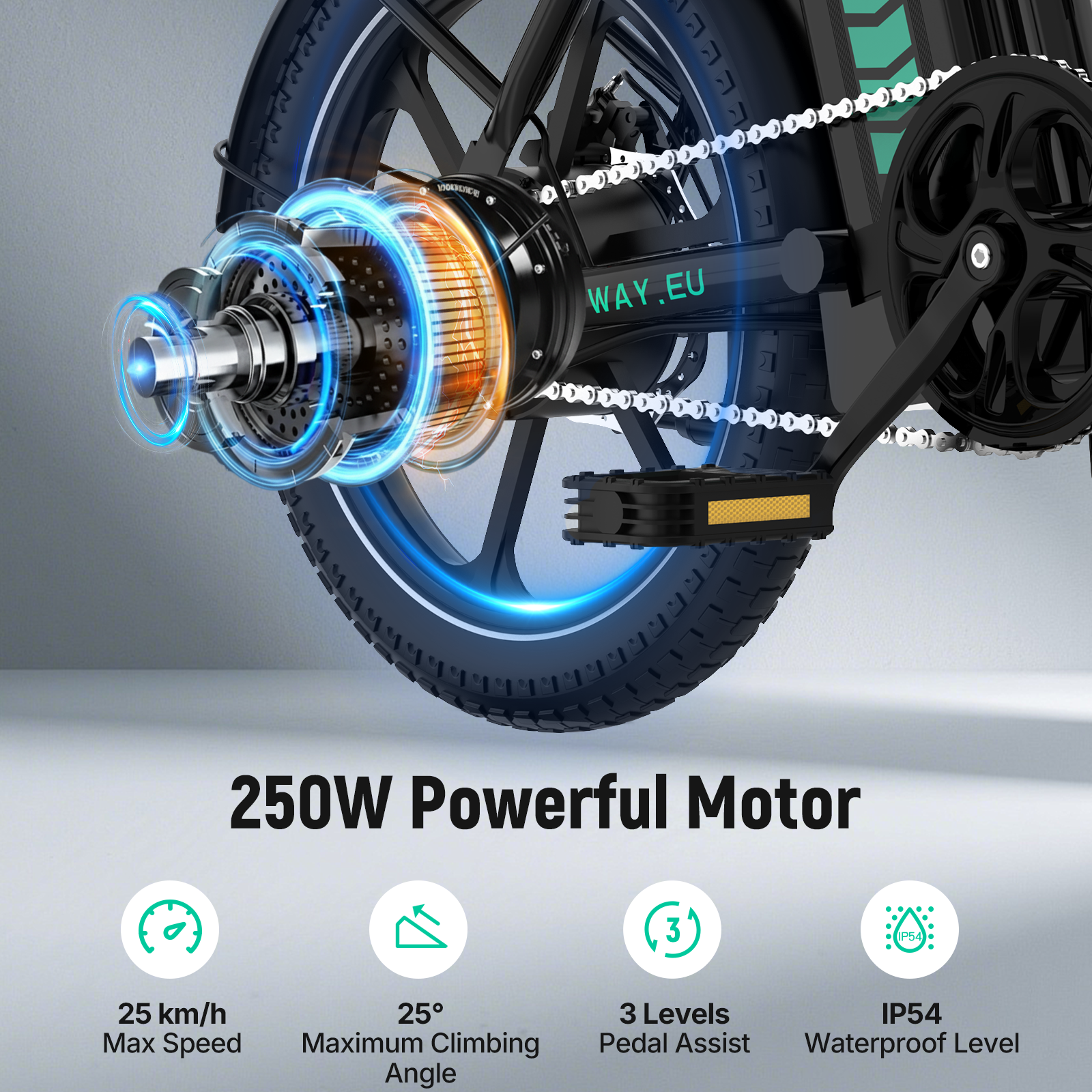 Close-up van een elektromotor van een fiets met blauwe lichteffecten en tekst.