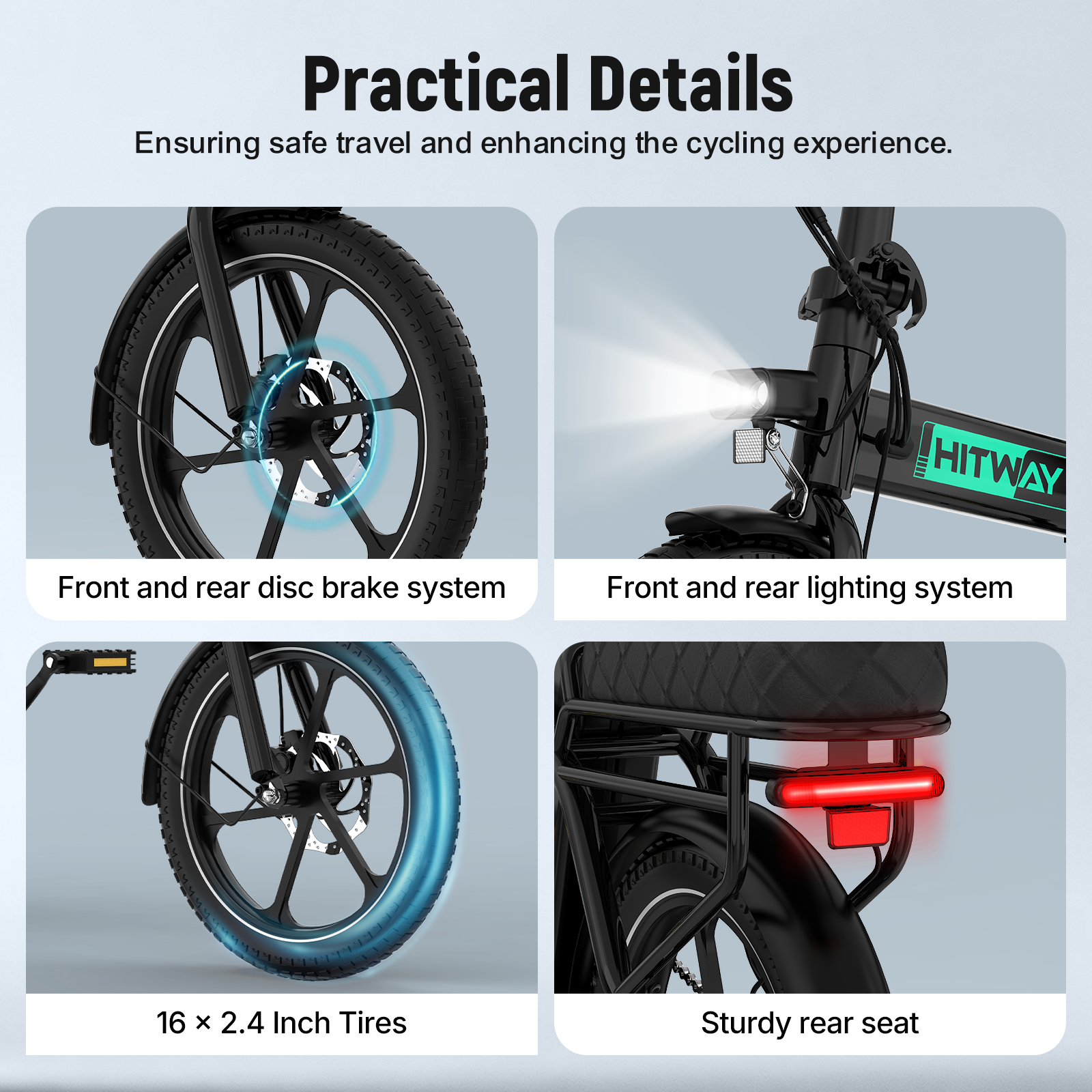 Details van een fiets: rem, lamp, banden en zadel.