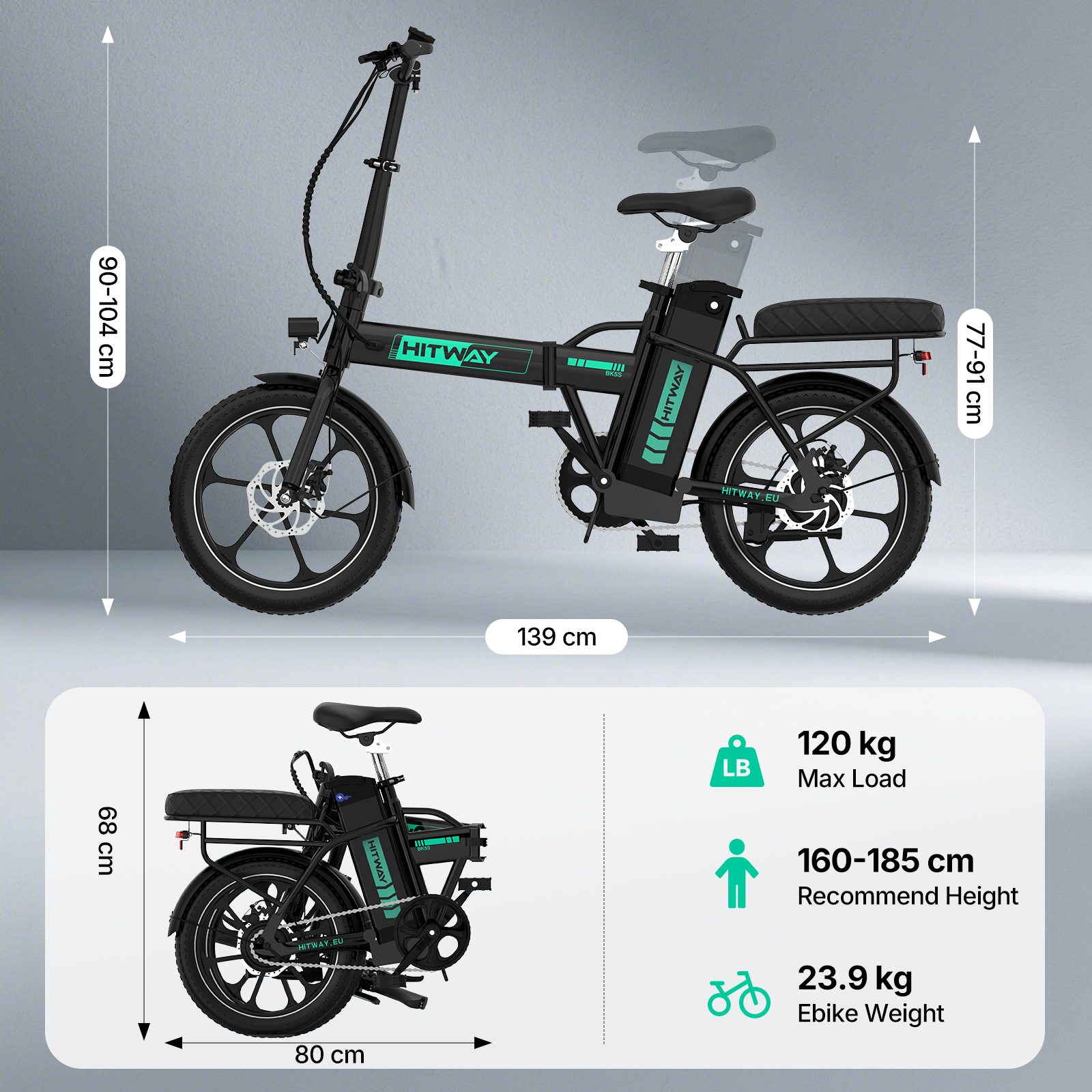 Zwarte vouwbare e-bike met afmetingen en specificaties.