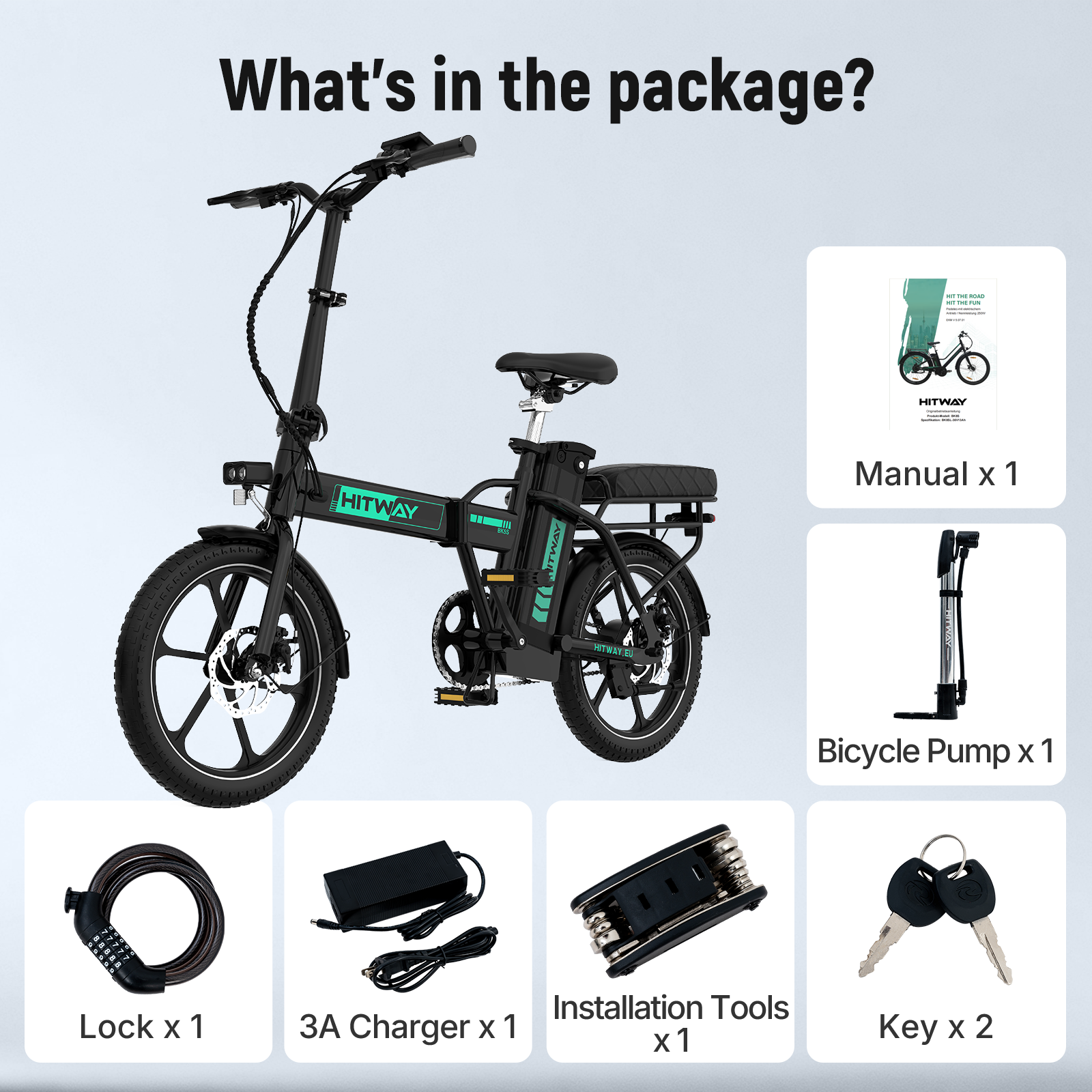 Een zwarte vouwbare e-bike met accessoires: handleiding, pomp, slot, lader, gereedschap, sleutels.
