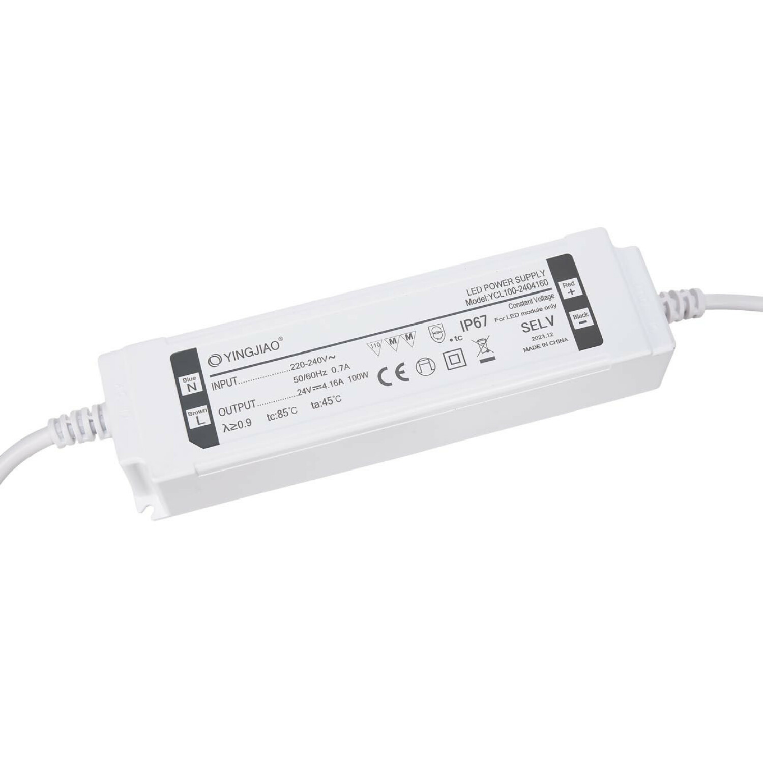 Ein weißes LED-Netzteil Modell YCL100-2404160, IP67, 100W Ausgang.