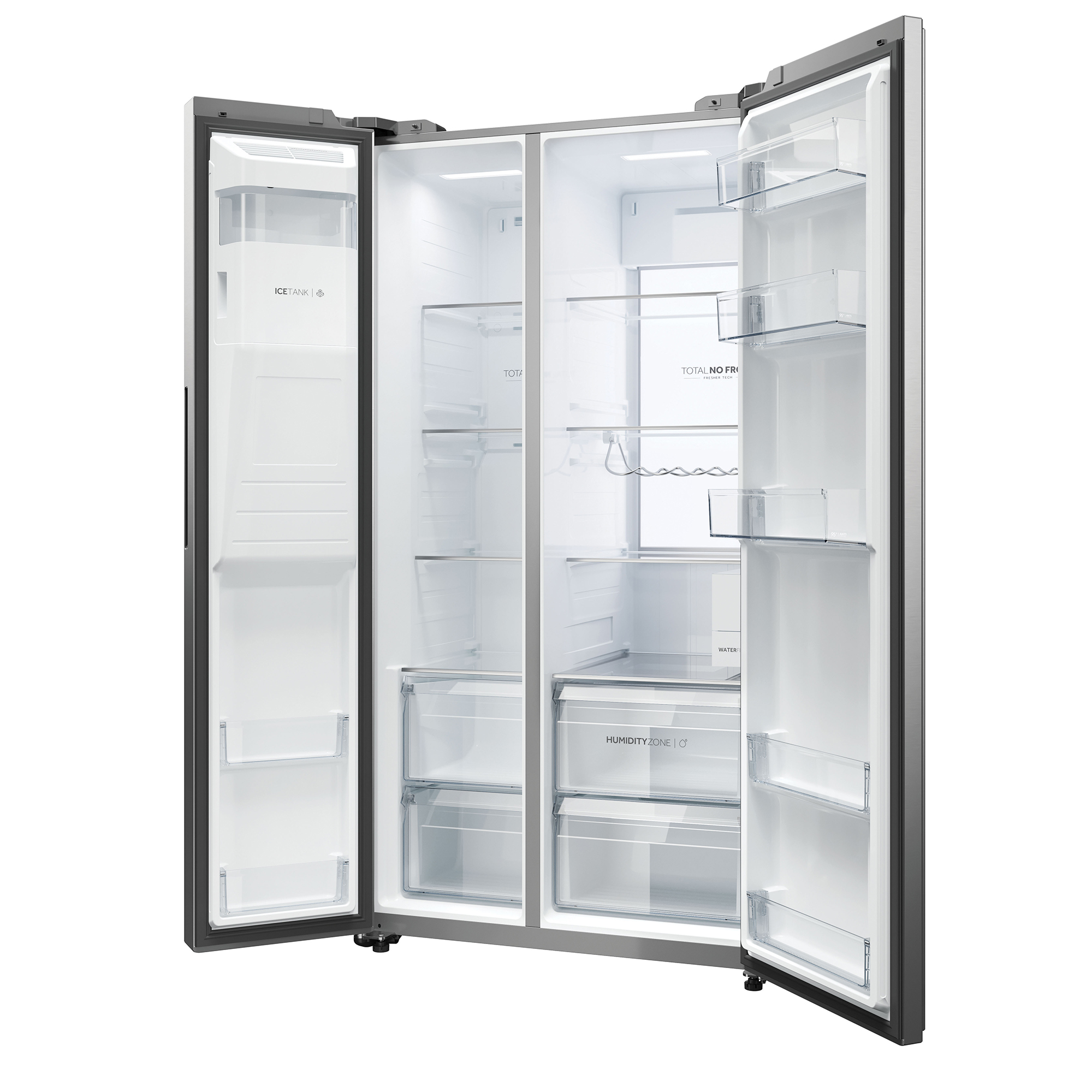 Refrigerador abierto de dos puertas con estantes y cajones transparentes.