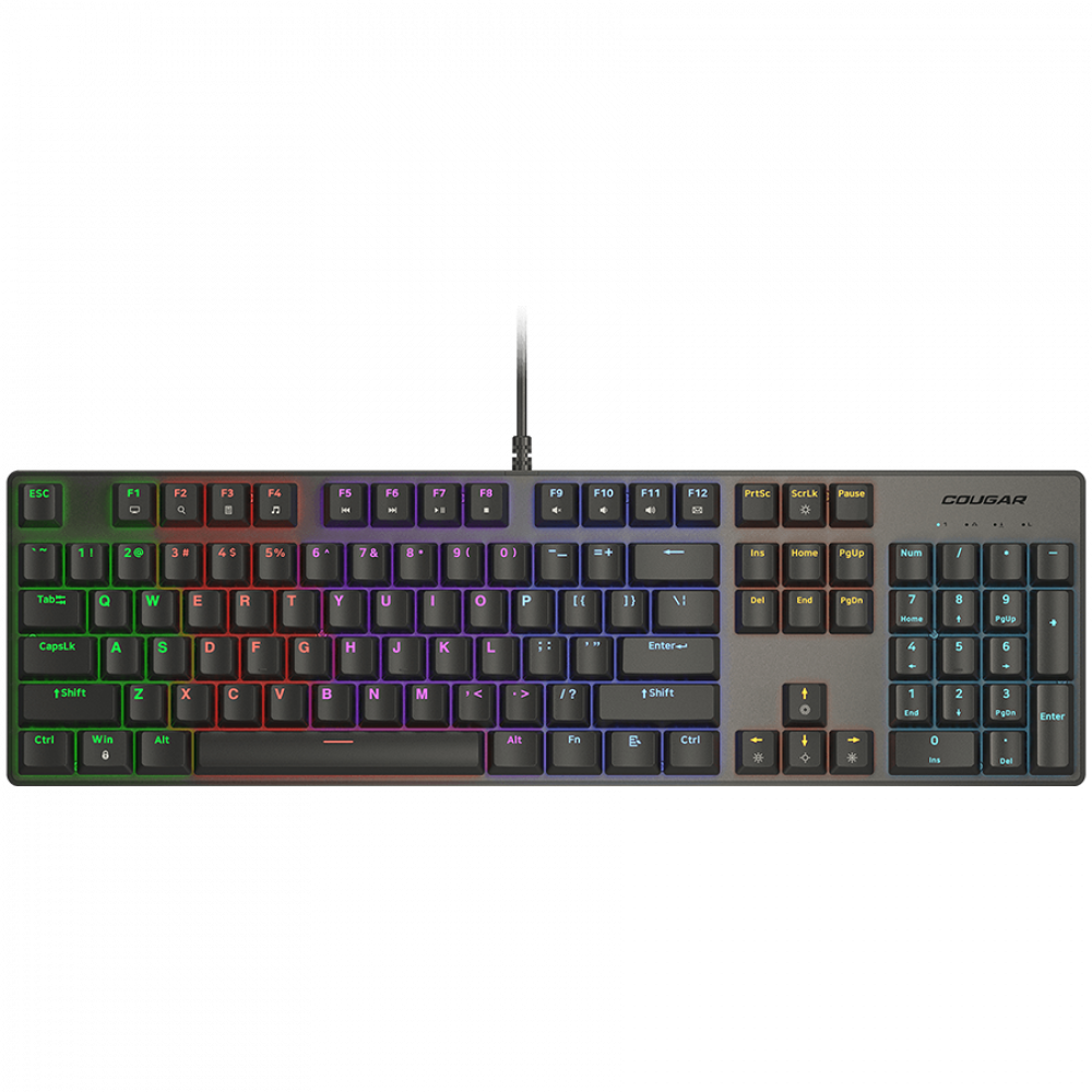 Czarna klawiatura mechaniczna Cougar z podświetleniem RGB na czarnym tle.