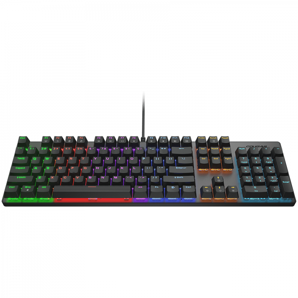 Czarna klawiatura gamingowa z podświetleniem RGB na czarnym tle.