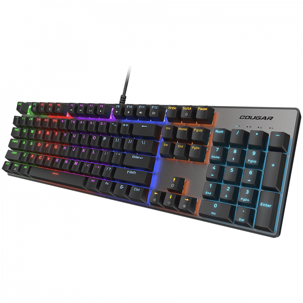 Czarna klawiatura mechaniczna Cougar z podświetleniem RGB jest pokazana na ciemnym tle.