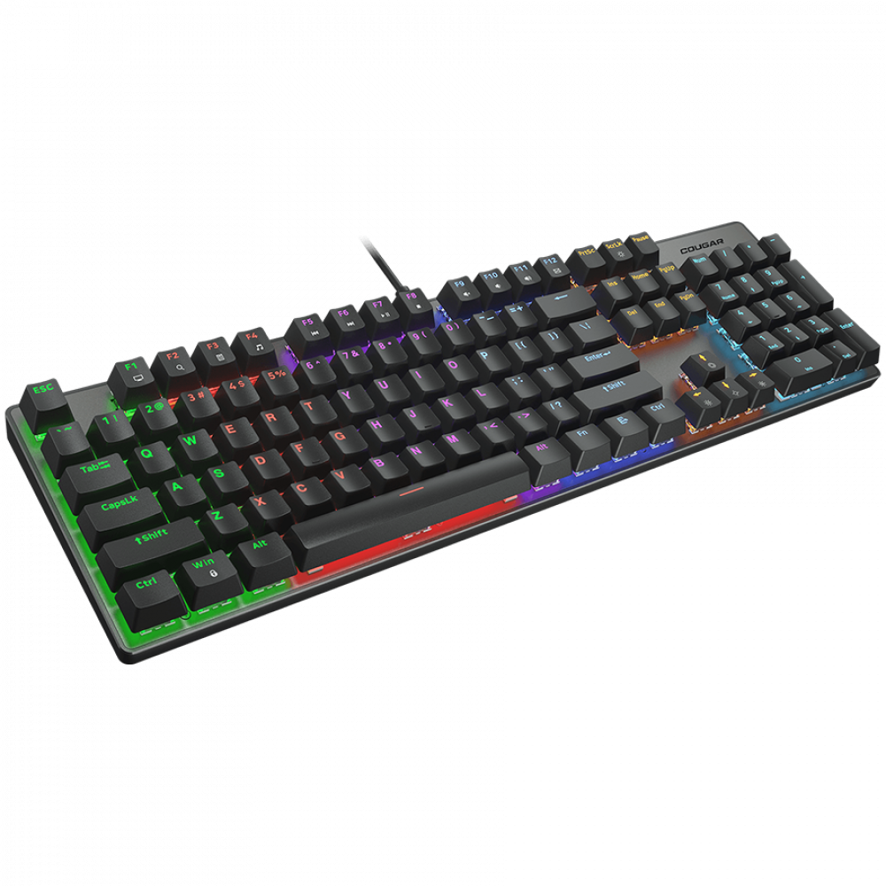Czarna klawiatura z oświetleniem RGB na czarnym tle.