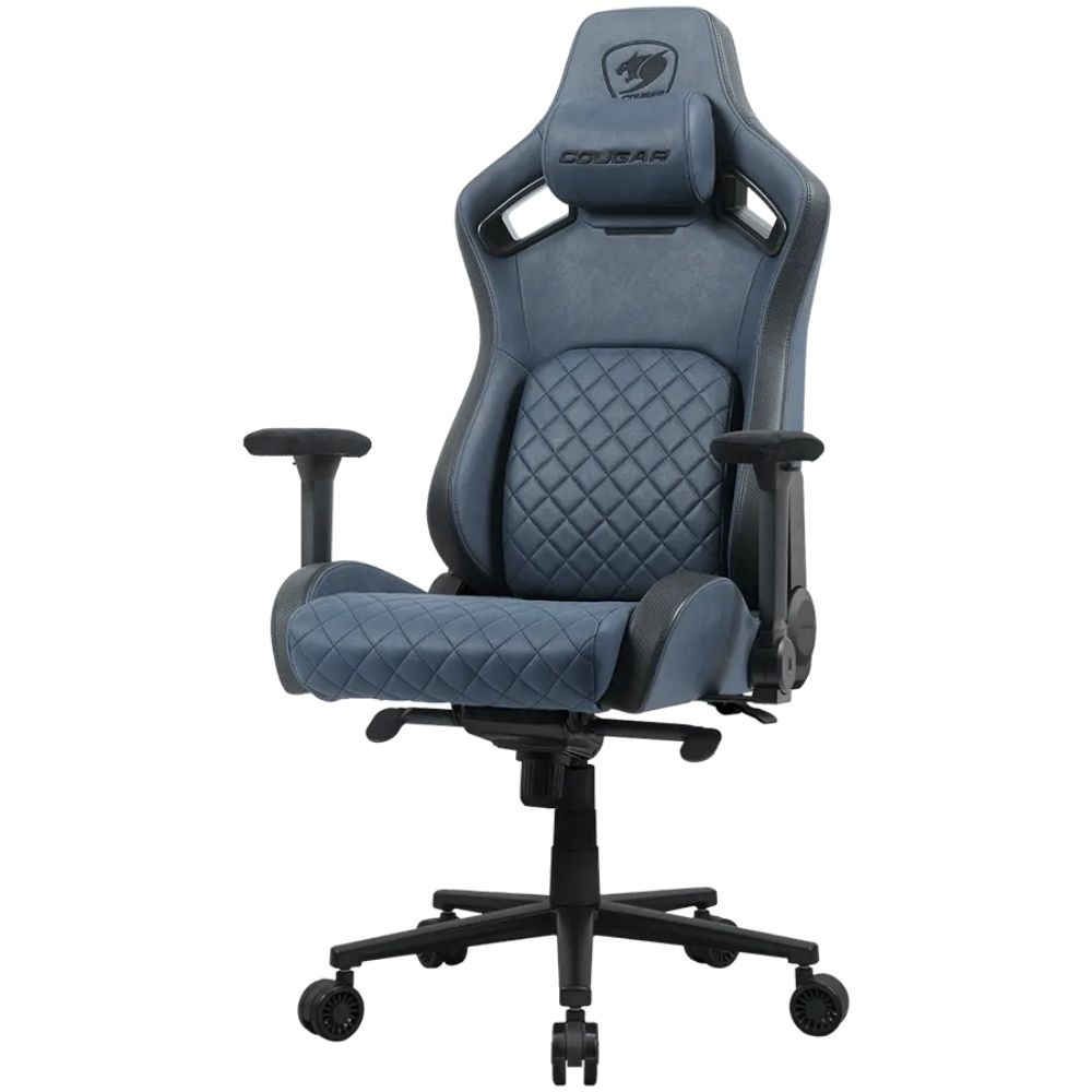 Niebiesko-szary fotel gamingowy z pikowanym siedziskiem, oparciem i zagłówkiem.