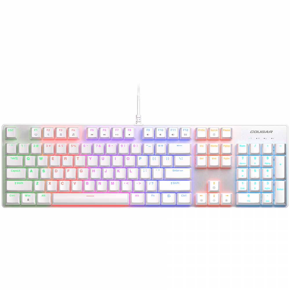 Biała klawiatura gamingowa z podświetleniem RGB i logo Cougar.